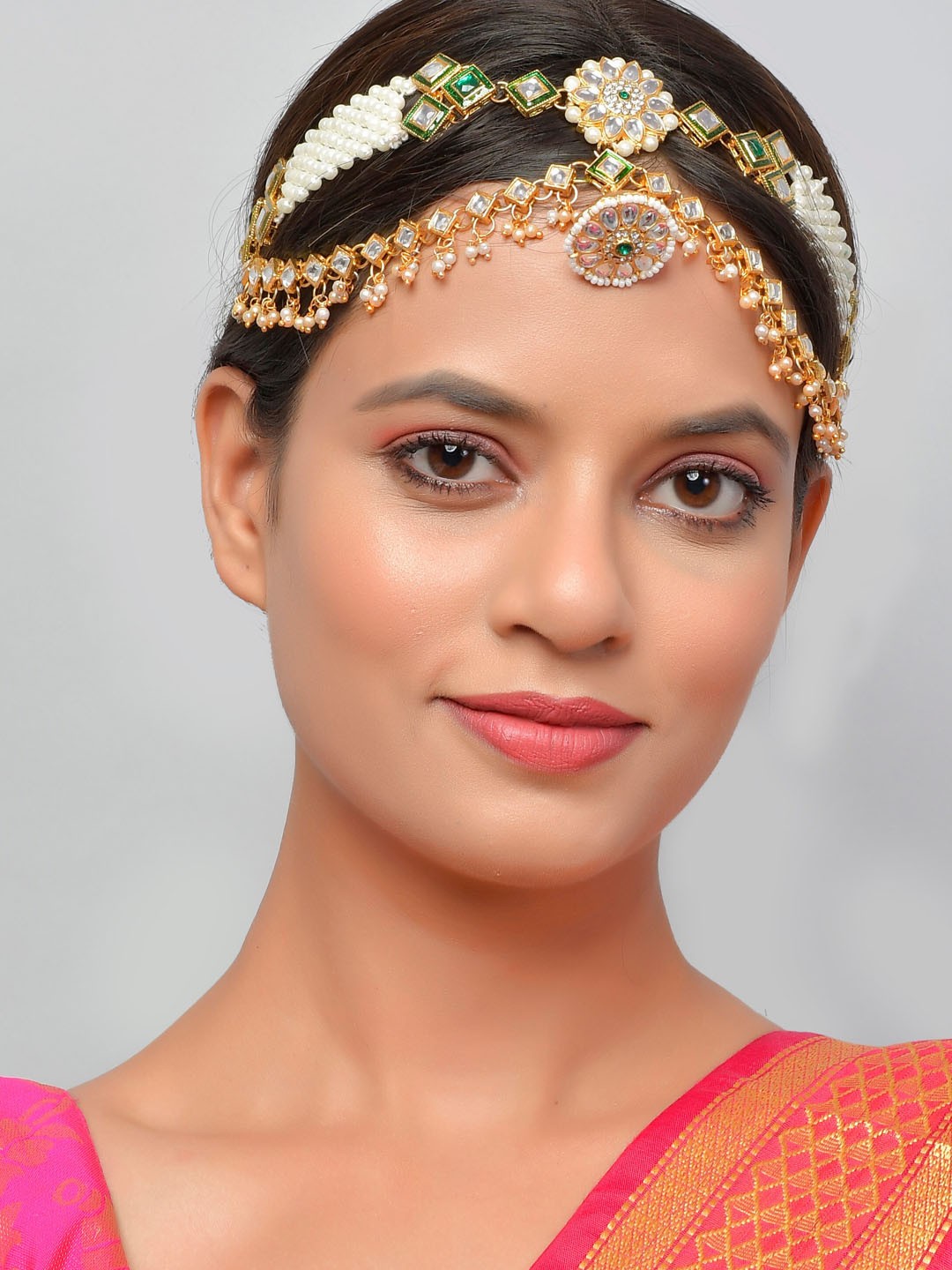 

Silvermerc Designs Gold-Plated & White Stone-Studded Mathapatti With Borla