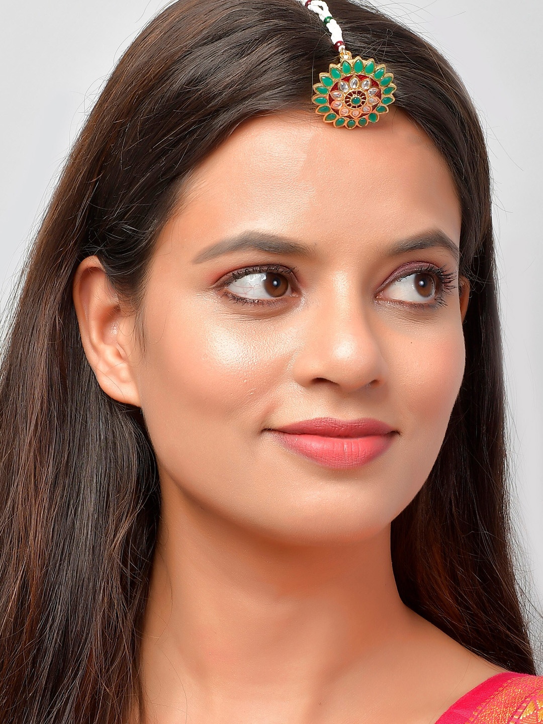 

Silvermerc Designs Gold-Plated Green & White Stones-Studded & Beaded Rajputi Vishaka Borla Maangtika