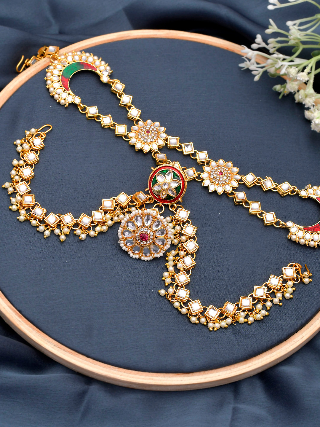

Silvermerc Designs Gold-Plated White Stones-Studded & Beaded Classic Traditional Mathapatti Borla