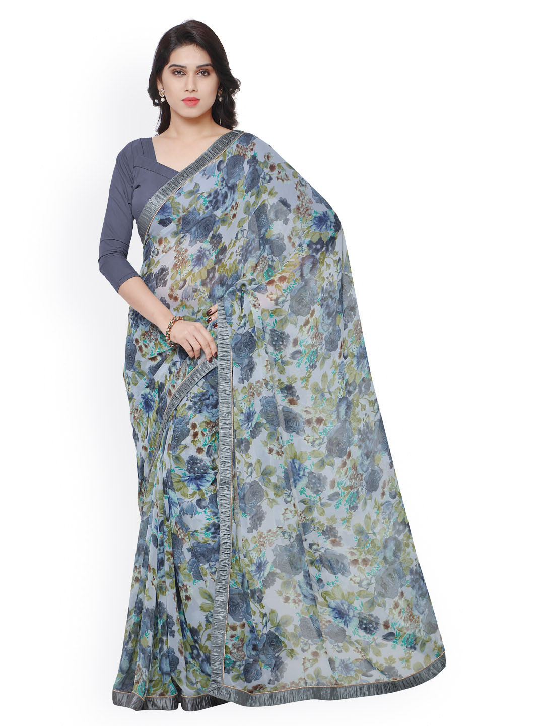 

Kalista Grey & Blue Polyester & Georgette Floral Print Saree