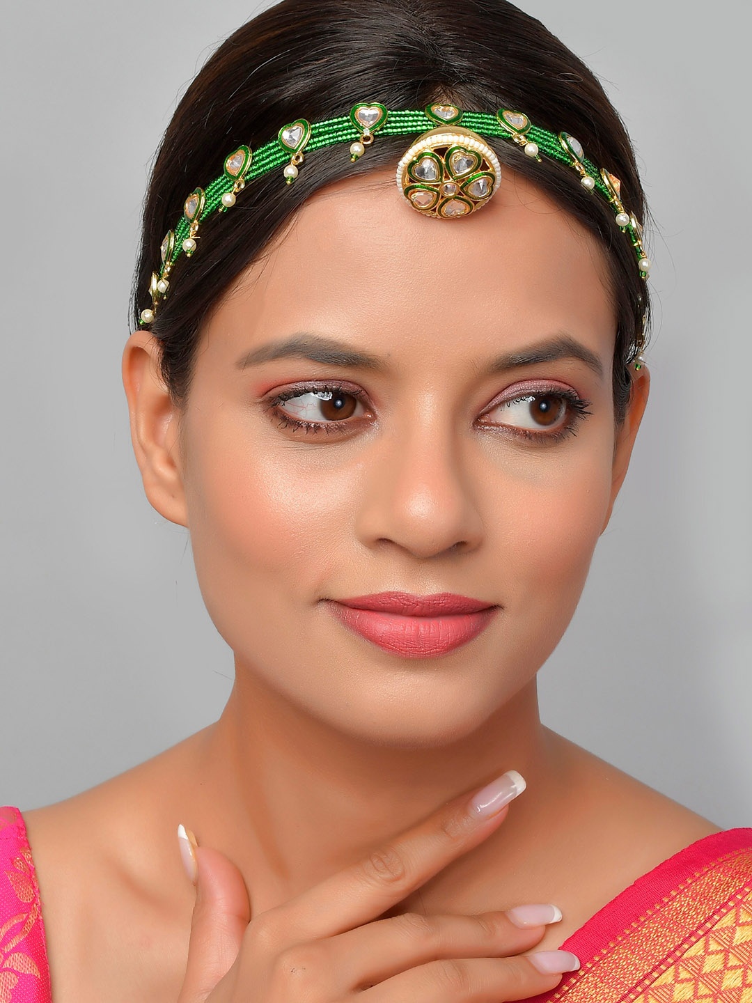 

Silvermerc Designs Gold-Plated Green Stone-Studded Mathapatti With Borla