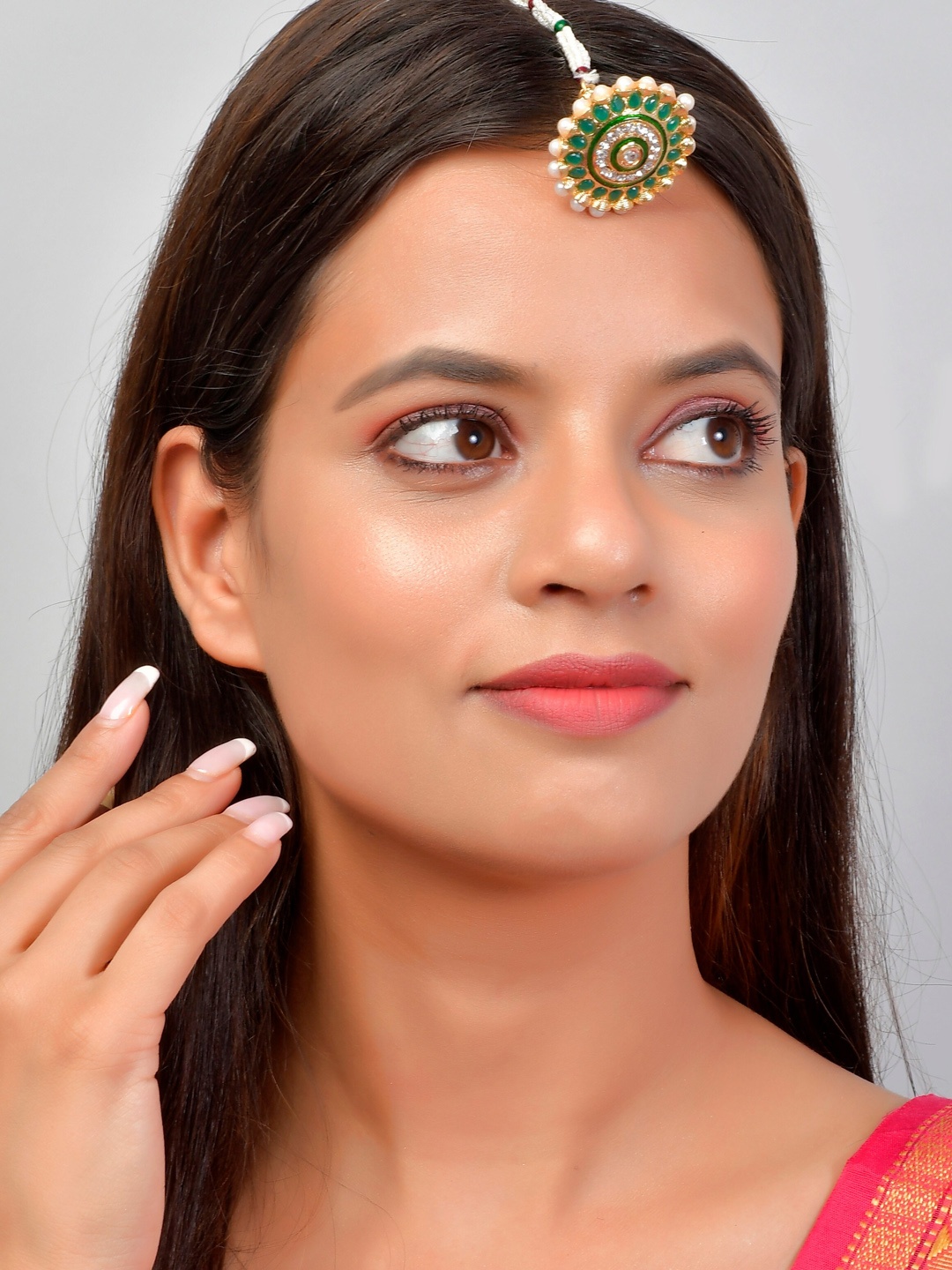 

Silvermerc Designs Gold-Plated White & Green Stone-Studded & Beaded Rajasthani Borla