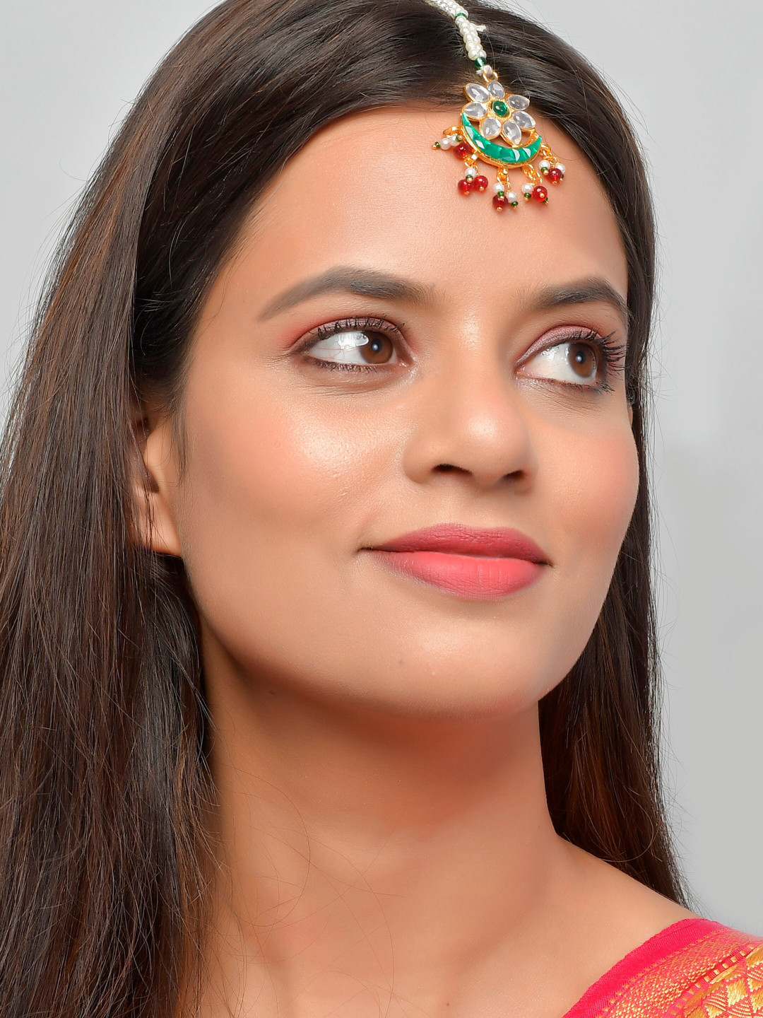 

Silvermerc Designs Gold-Plated Green & White Stones Studded Ethnic Traditional Maangtika