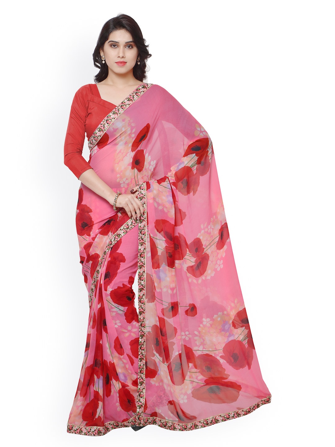 

Kalista Pink & Red Polyester & Georgette Floral Print Saree