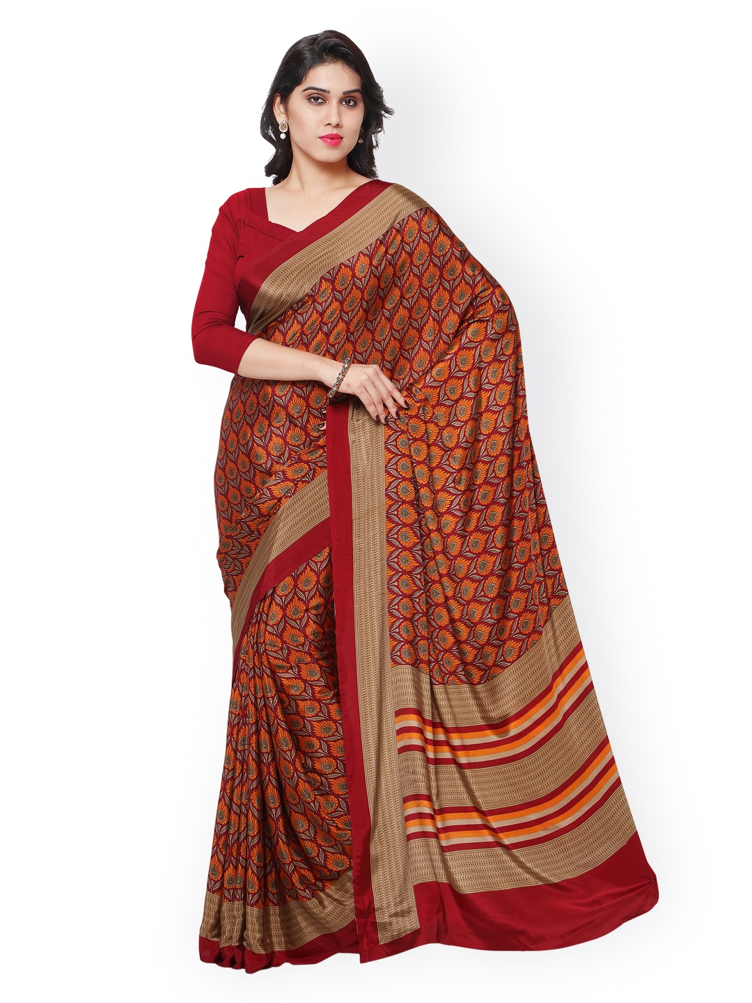 

Kalista Maroon Silk & Crepe Floral Print Saree