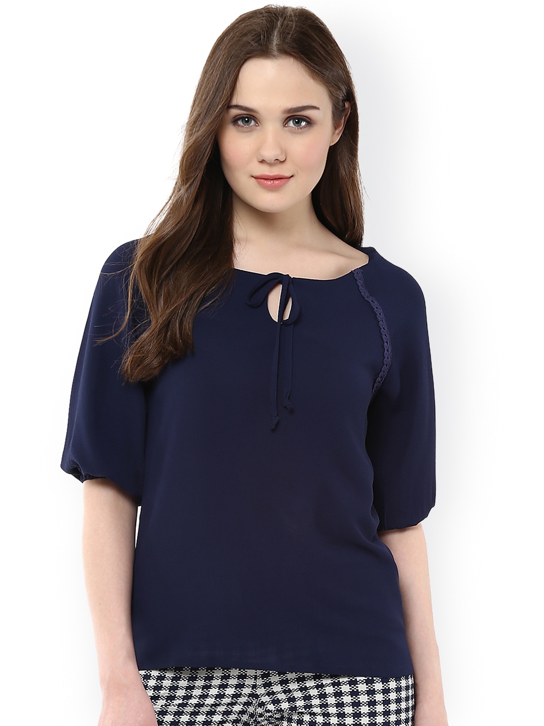

Harpa Women Navy Solid Crepe Top, Navy blue