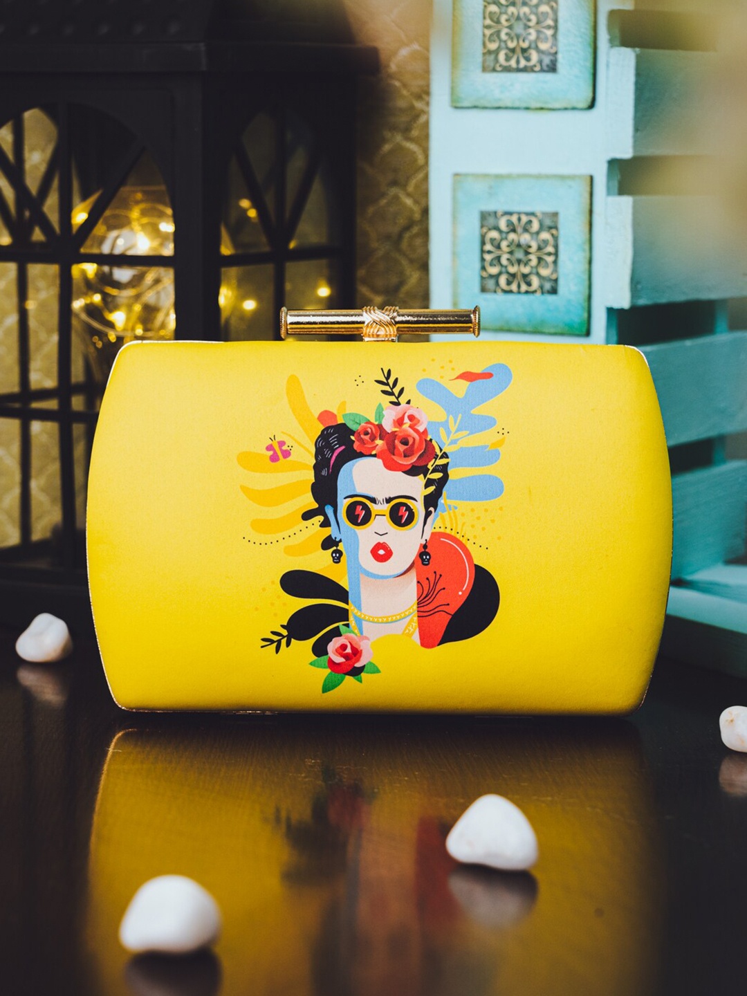 

NR By Nidhi Rathi Yellow & Blue Printed Box Clutch