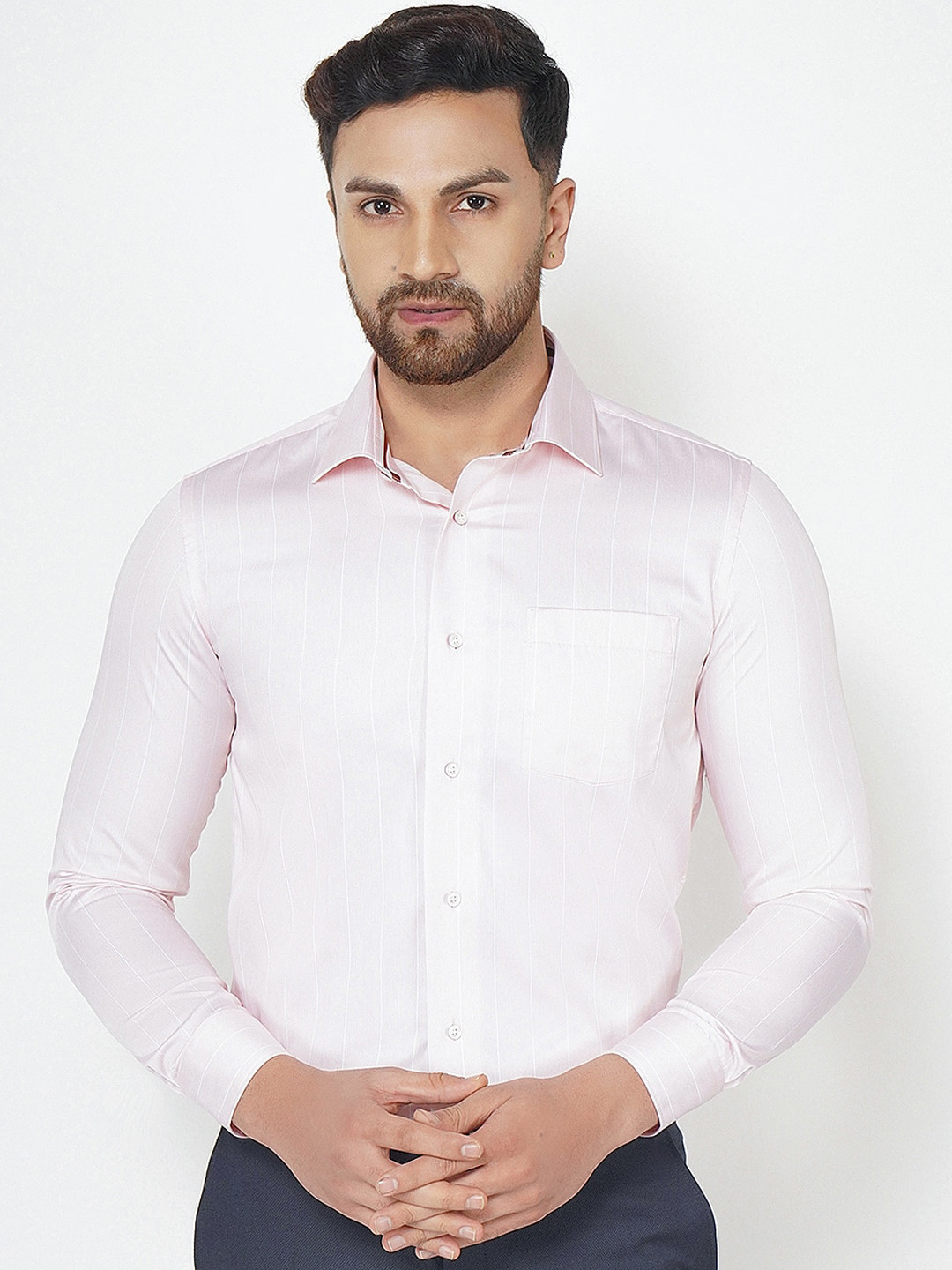 

Blackberrys Men Peach-Coloured India Slim Fit Striped Pure Cotton Formal Shirt