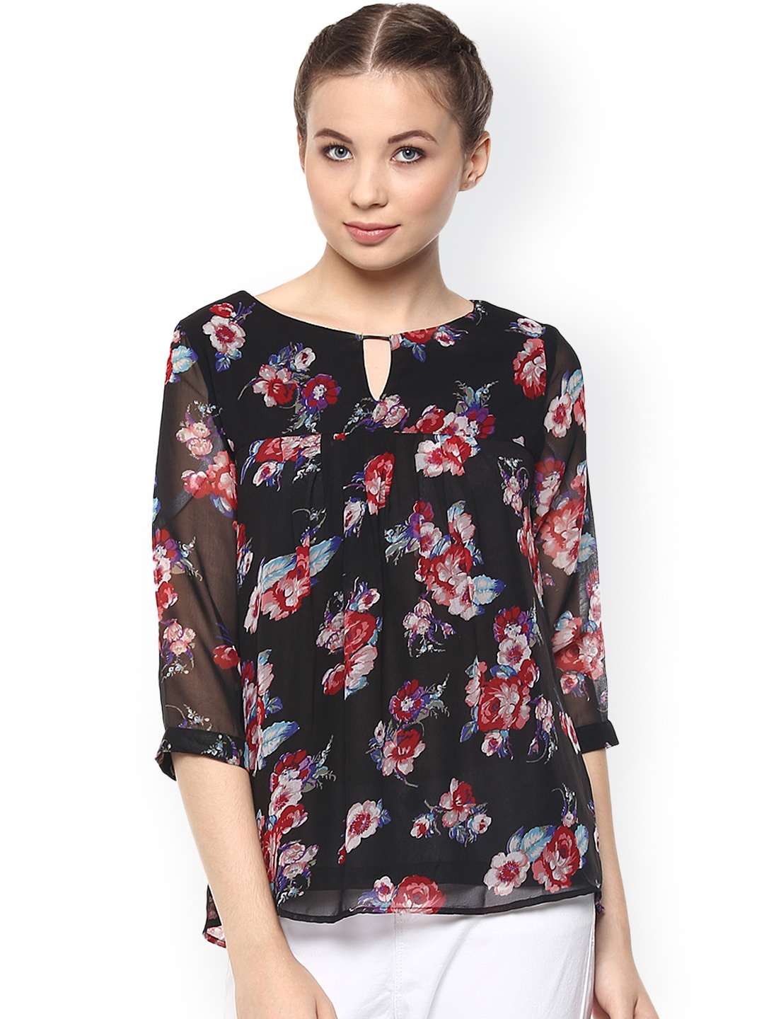 

Harpa Women Black Floral Print Georgette Top