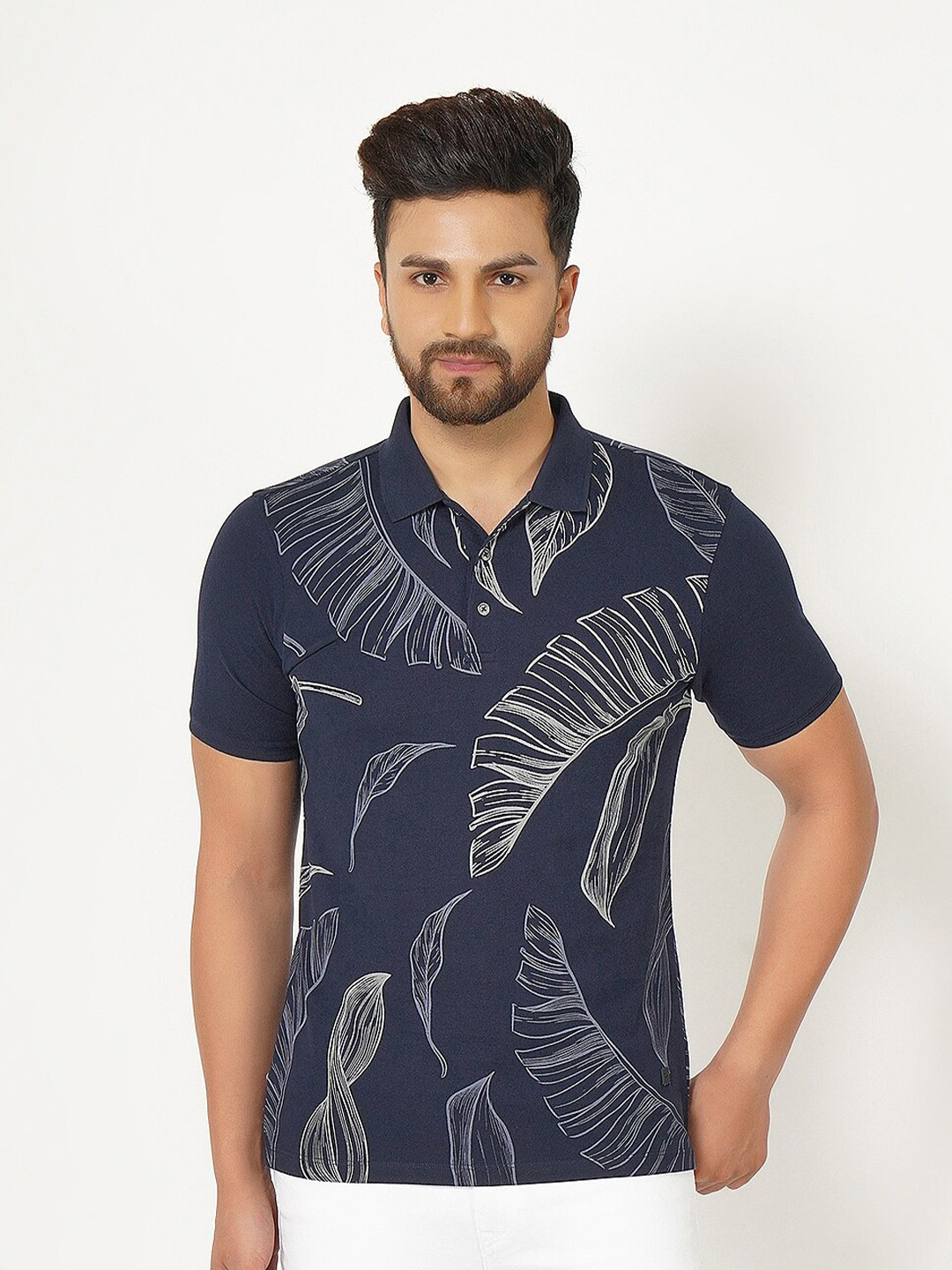 

Blackberrys Men Navy Blue & White Printed Polo Collar Slim Fit Pure Cotton T-shirt