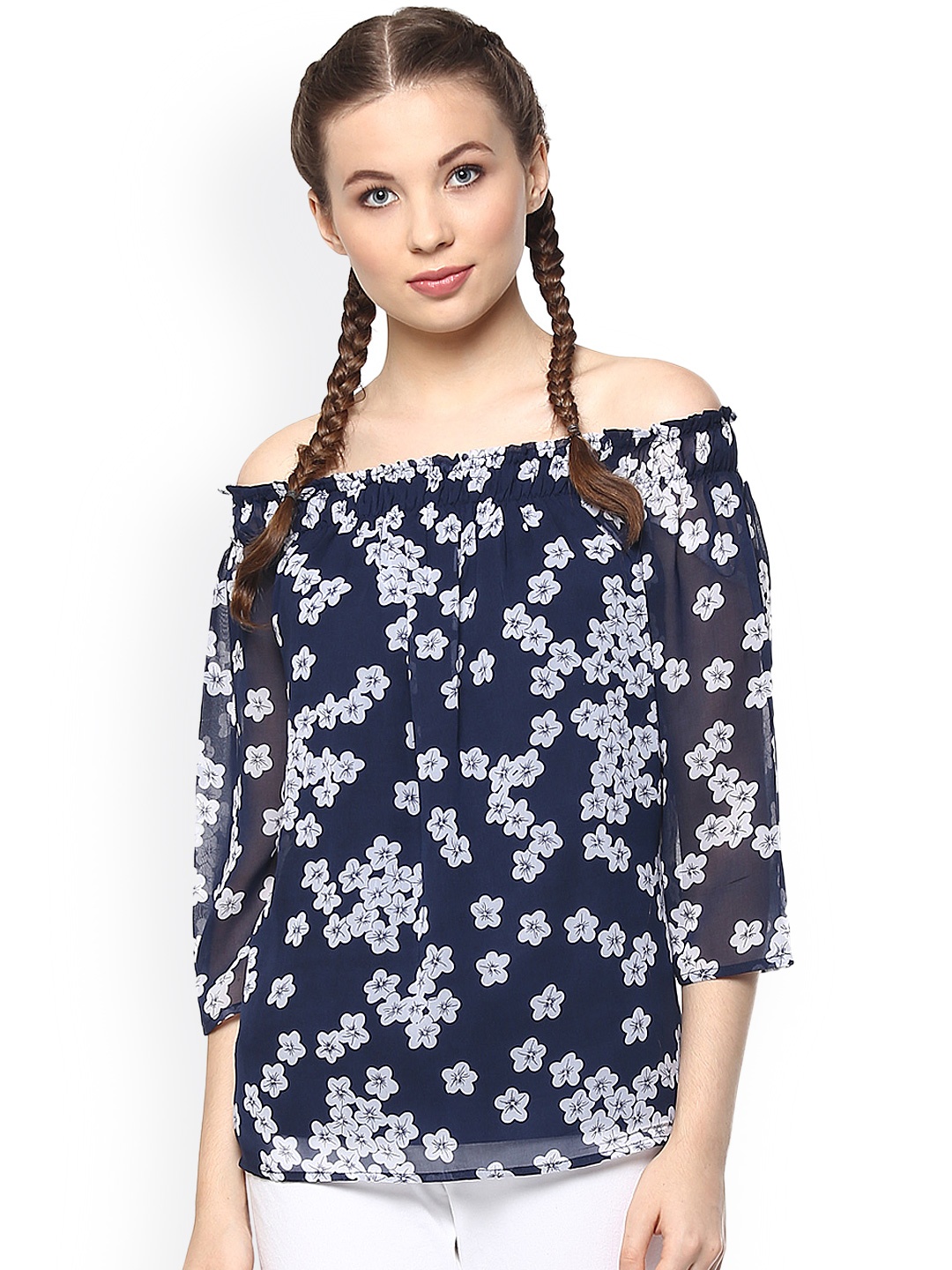 

Harpa Women Navy Printed Georgette Off-Shoulder Top, Navy blue