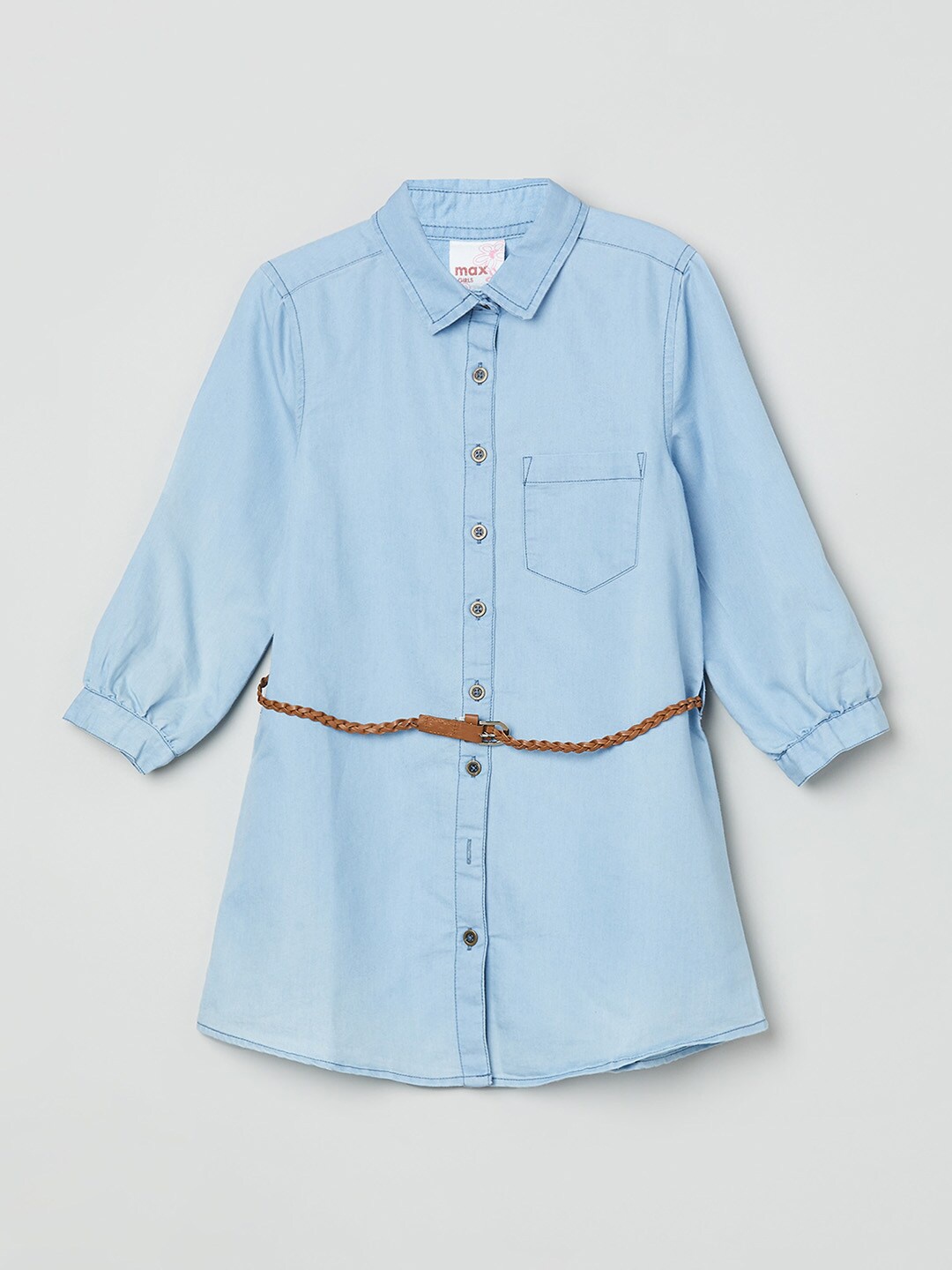 

max Girls Blue Roll-Up Sleeves Belted Shirt Style Longline Top
