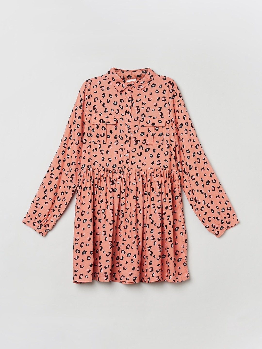 

max Girls Rust & Black Animal Printed Georgette Shirt Style Longline Top