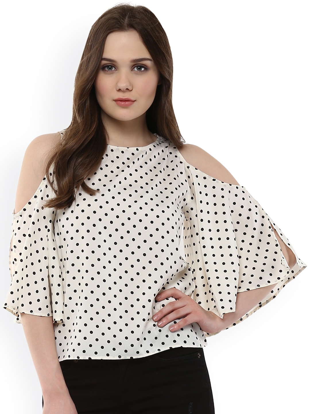 

Harpa Women Black Lightweight Printed Regular Cold Shoulder Top