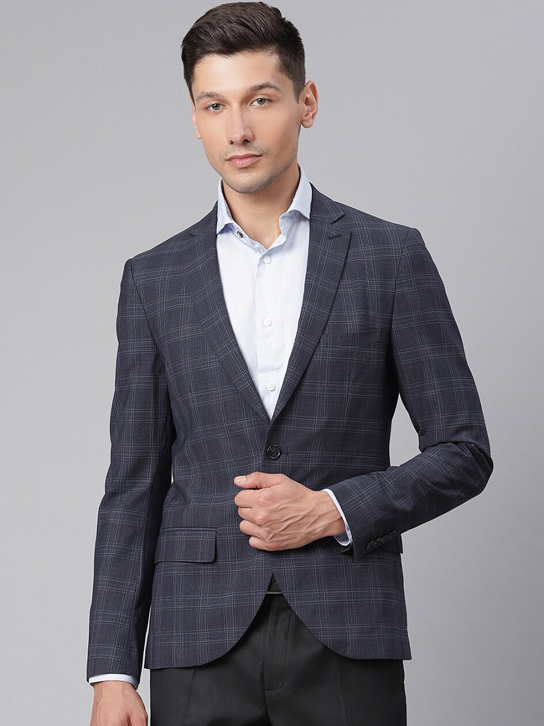 

Matinique Men Navy Blue & Grey Checked Slim-Fit Single-Breasted Casual Blazer