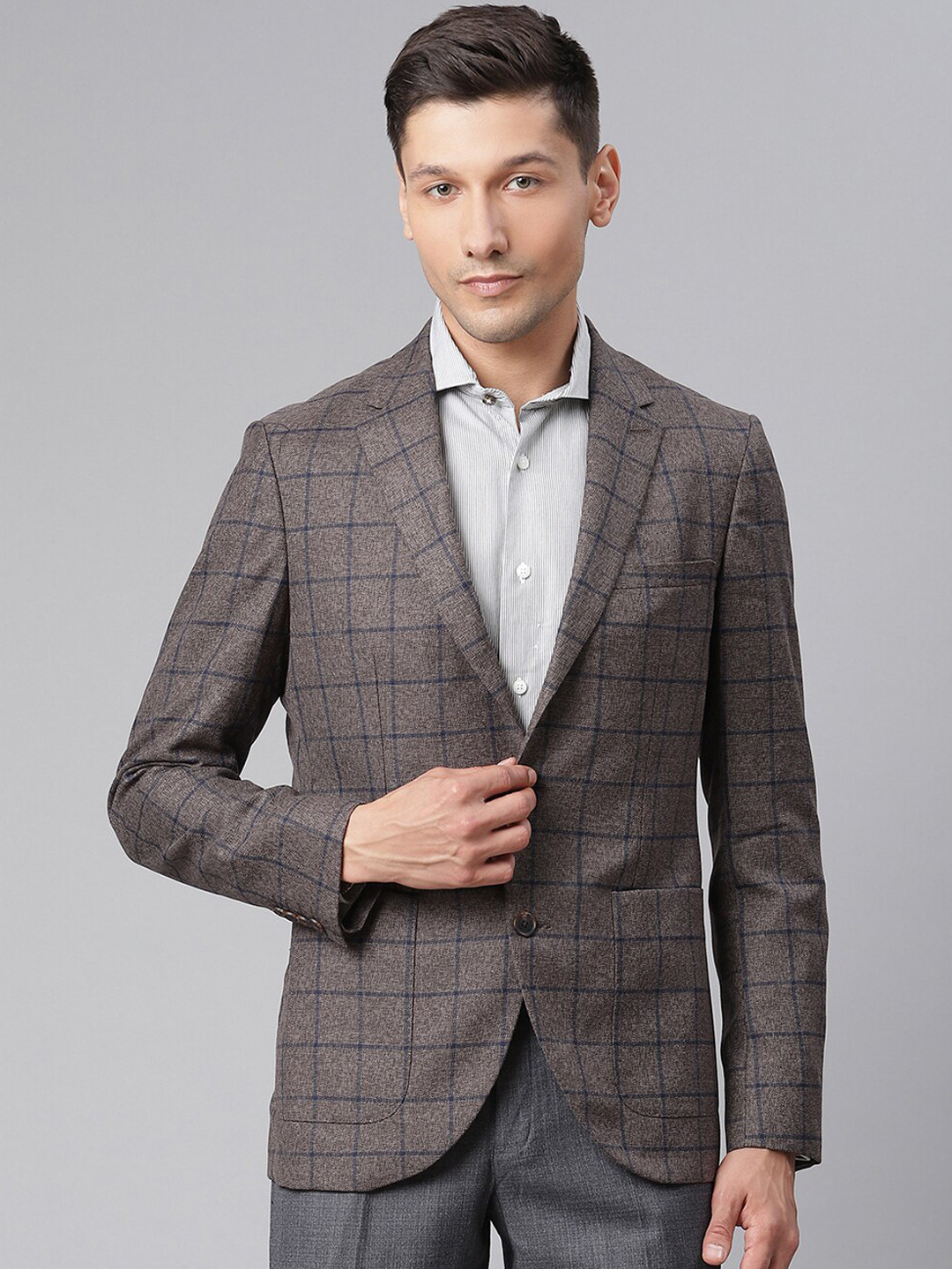 

Matinique Men Brown & Black Checked Single-Breasted Formal Blazer
