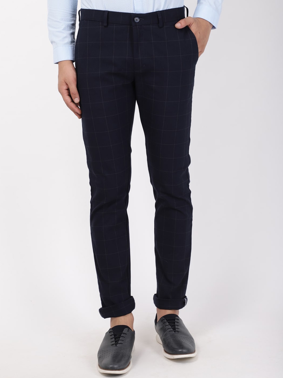 

Blackberrys Men Navy Blue Checked B-95 Slim Fit Trousers