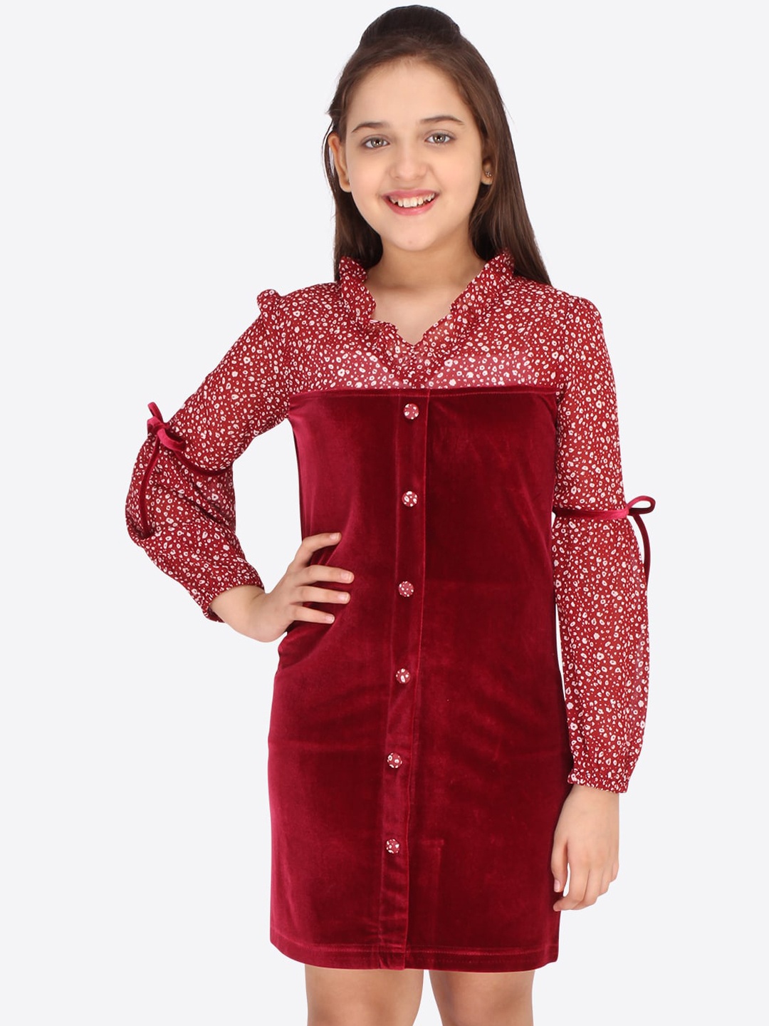 

CUTECUMBER Girls Maroon & White Printed Shirt Dress