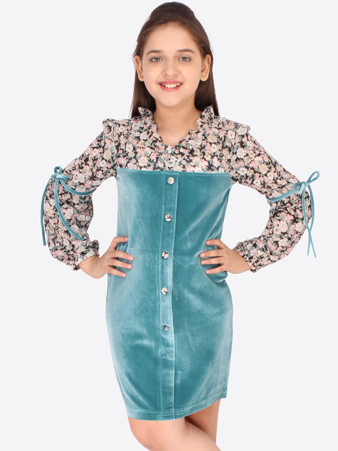 

CUTECUMBER Girls Green Printed Knee-Length Shirt Dress