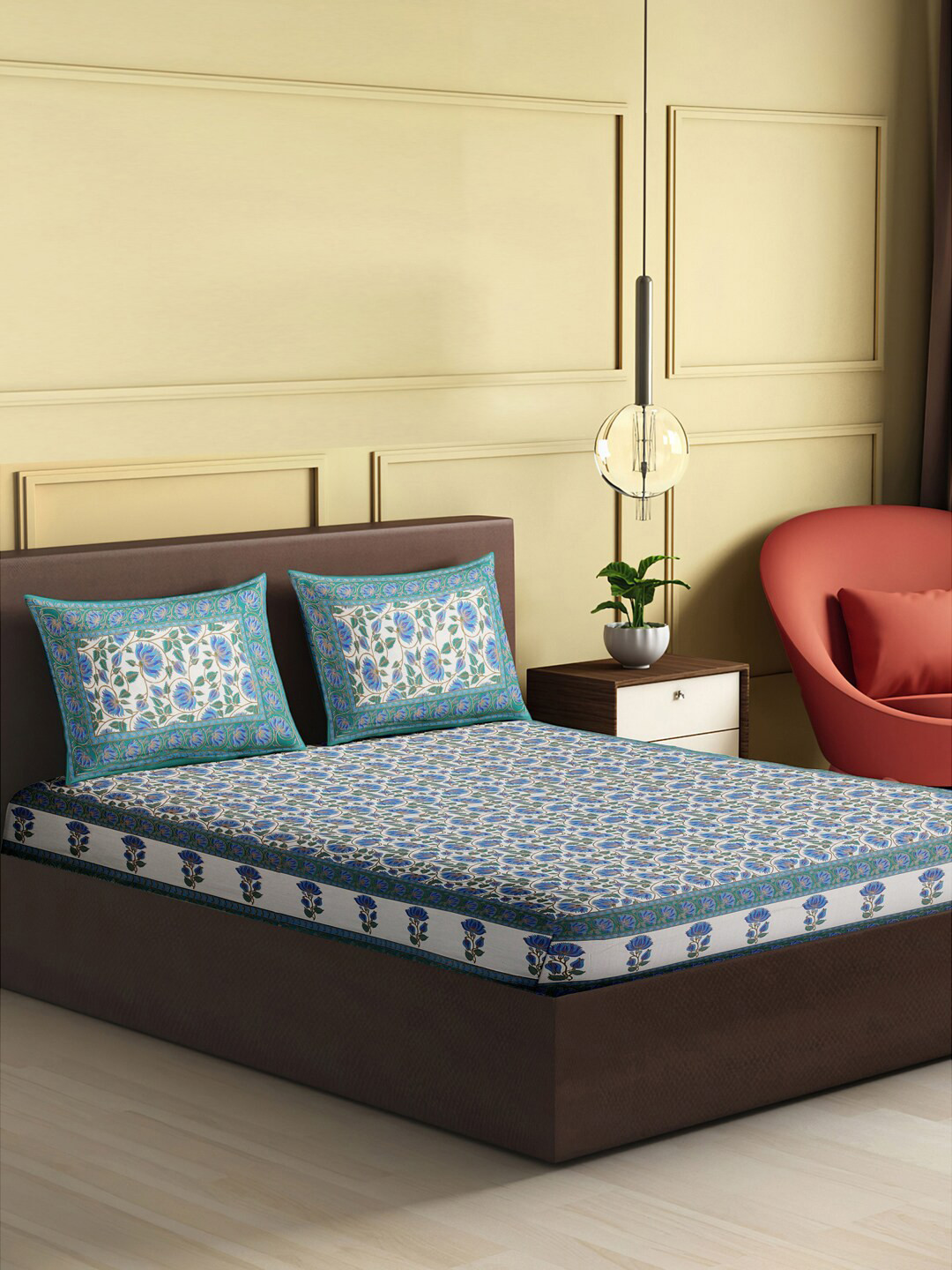 

Gulaab Jaipur Blue & White Ethnic Motifs 400 TC King Bedsheet with 2 Pillow Covers