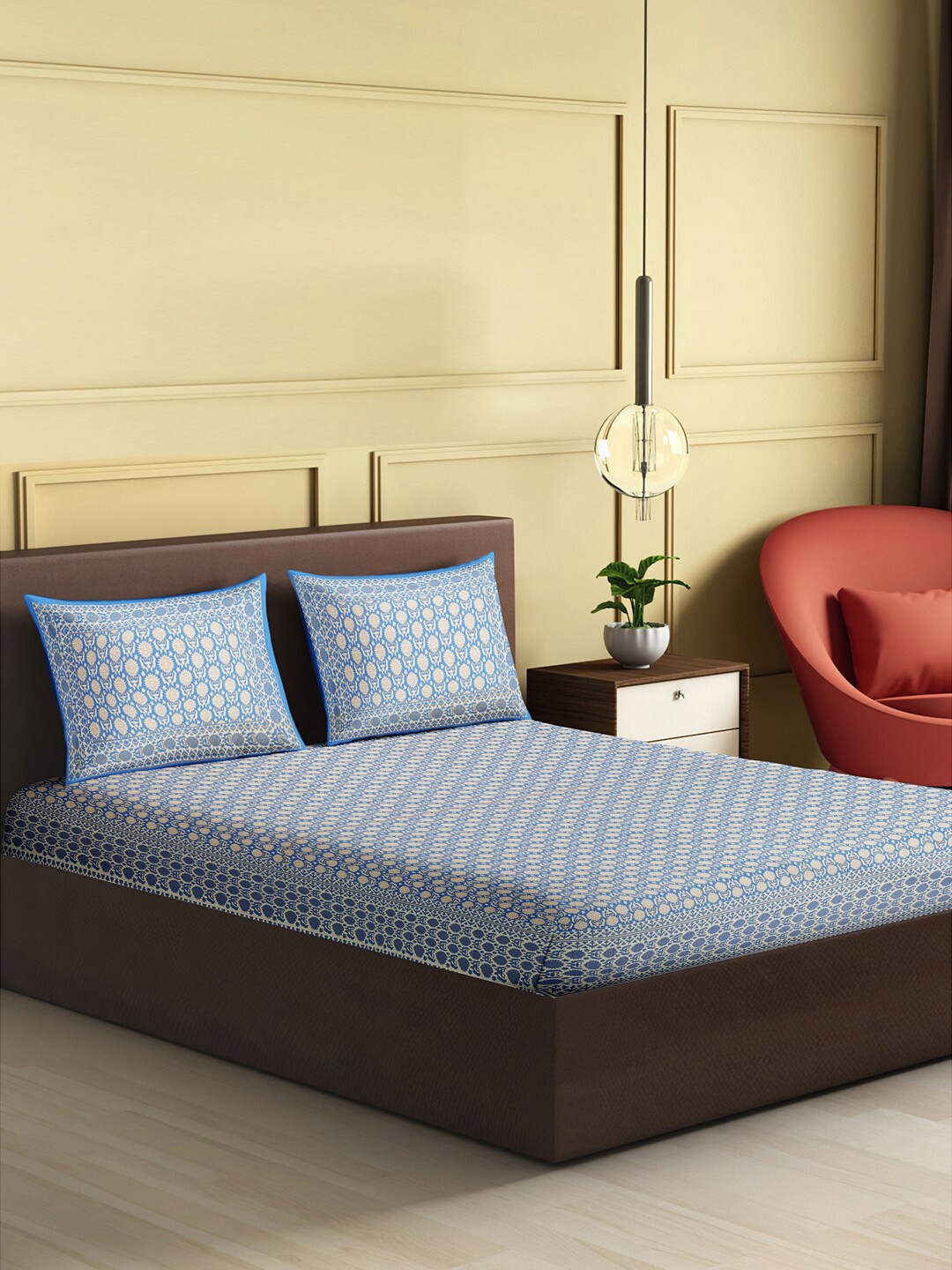 

Gulaab Jaipur Cream & Blue Ethnic Motifs 400 TC King Bedsheet with 2 Pillow Covers