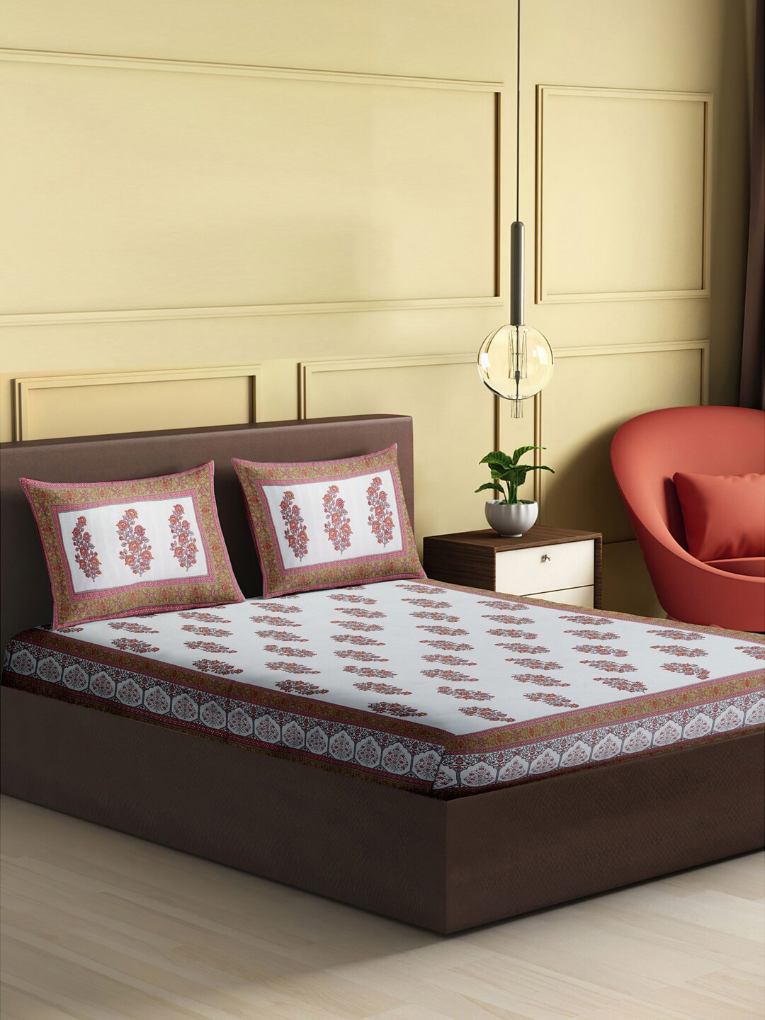

Gulaab Jaipur Red & White Ethnic Motifs 600 TC King Bedsheet with 2 Pillow Covers