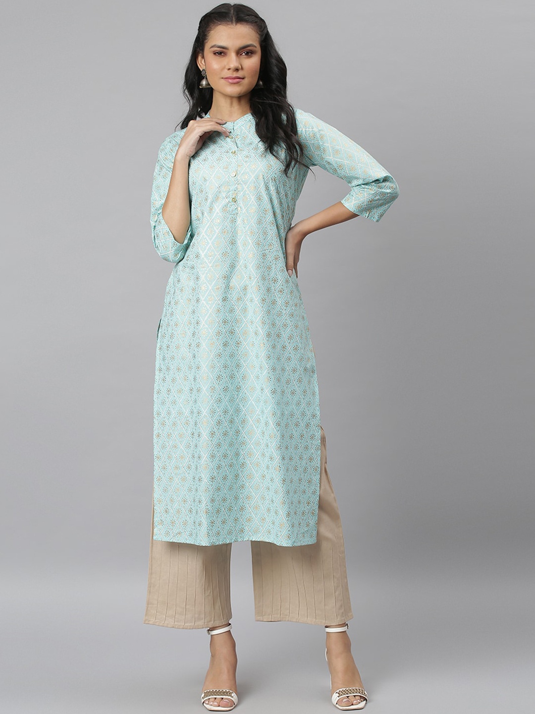 

JAIPUR ATTIRE Women Blue Geometric Printed Keyhole Neck Thread Work Kurta