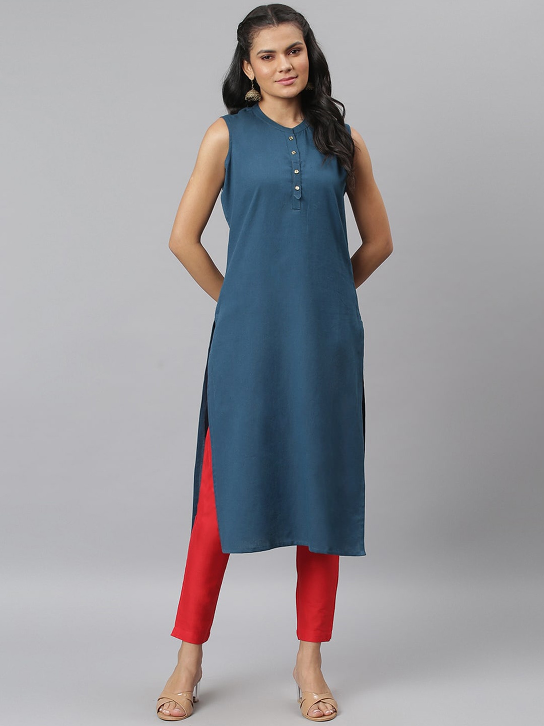 

JAIPUR ATTIRE Women Blue Mandarin Collar Kurta