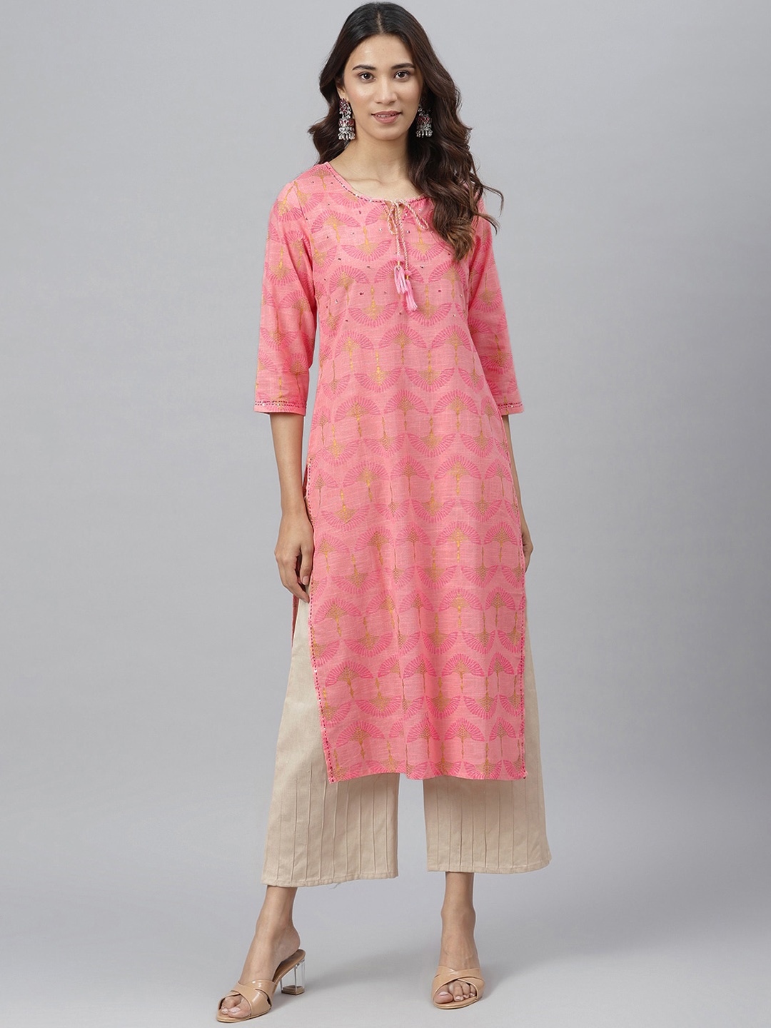 

JAIPUR ATTIRE Women Pink Ethnic Motifs Printed Keyhole Neck Cotton Kurta