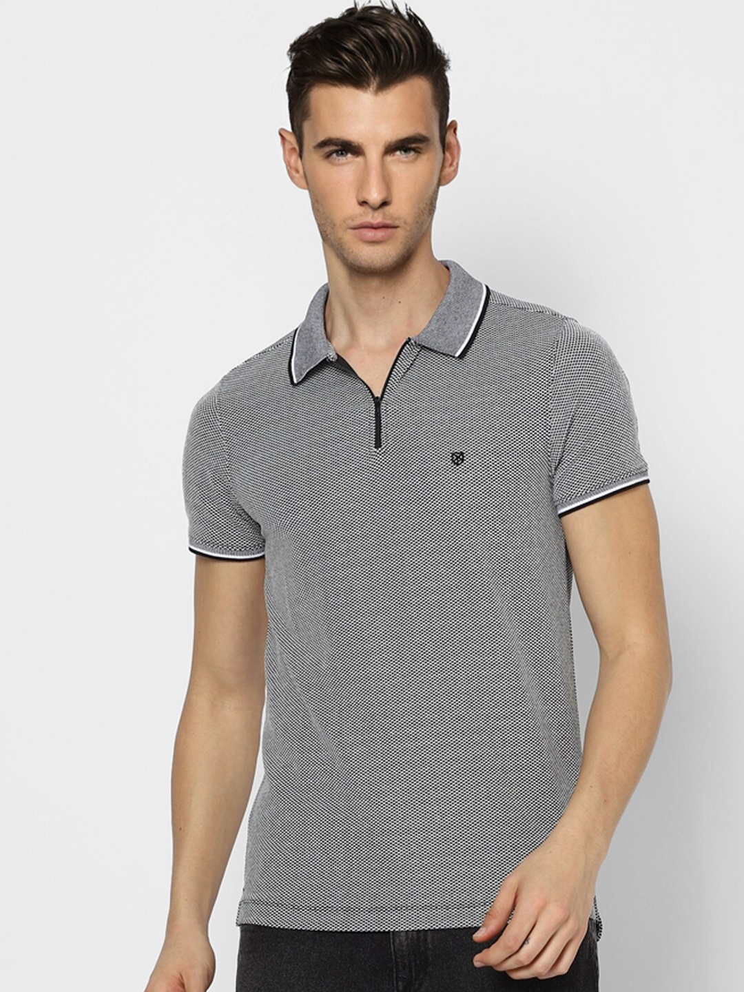 

Jack & Jones Men Black & White Polo Collar Monochrome Slim Fit T-shirt