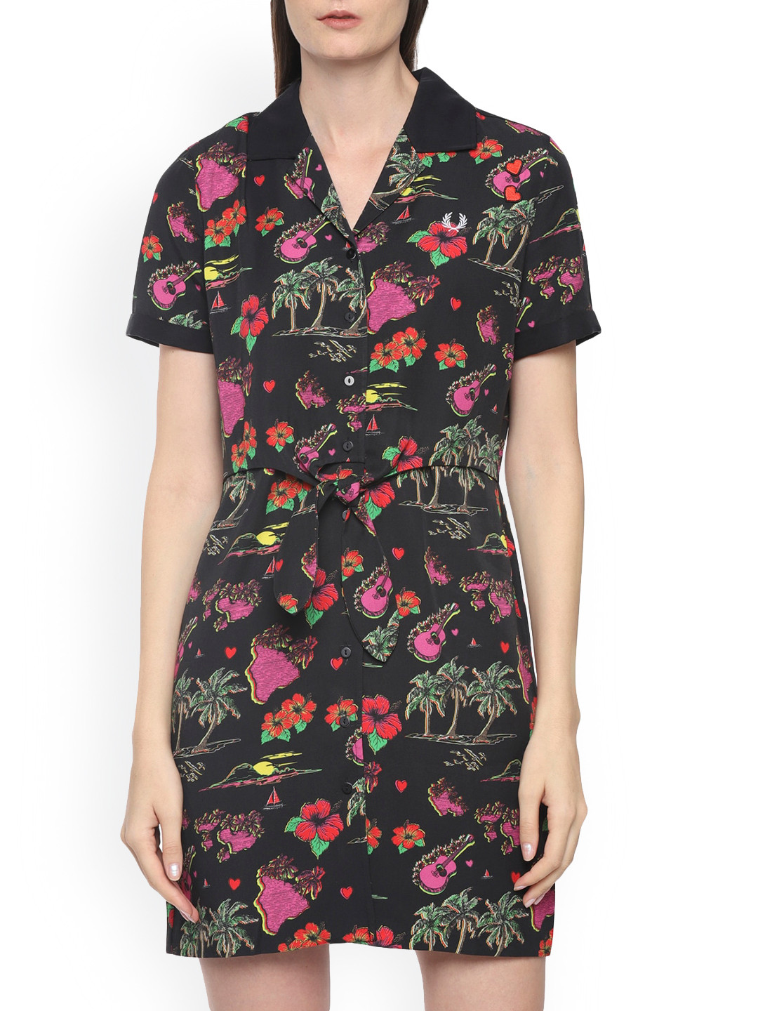 

Fred Perry Black & Pink Floral Printed Shirt Midi Dress