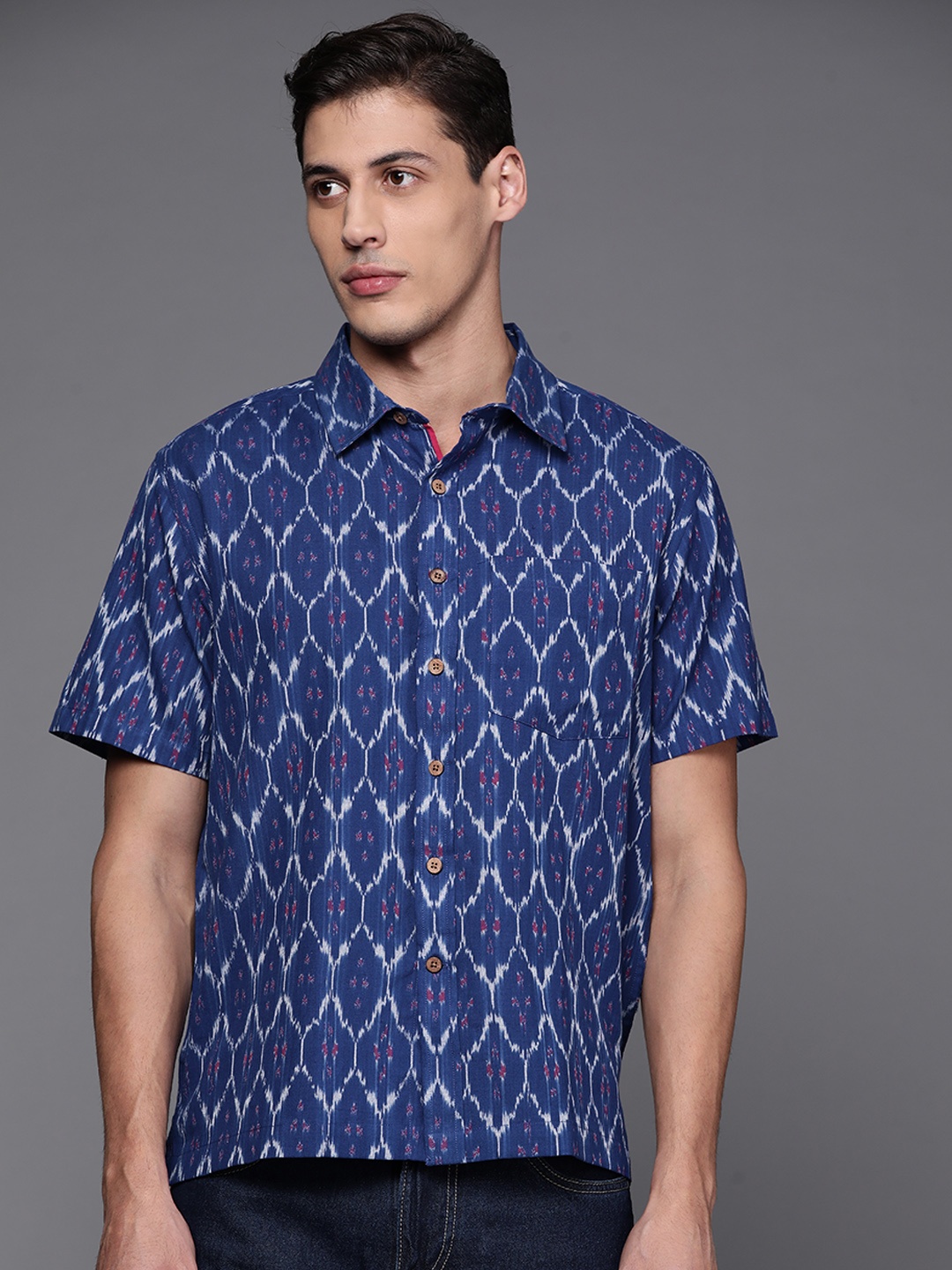 

Fabindia Men Blue Ikkat Patterned Pure Cotton Casual Shirt