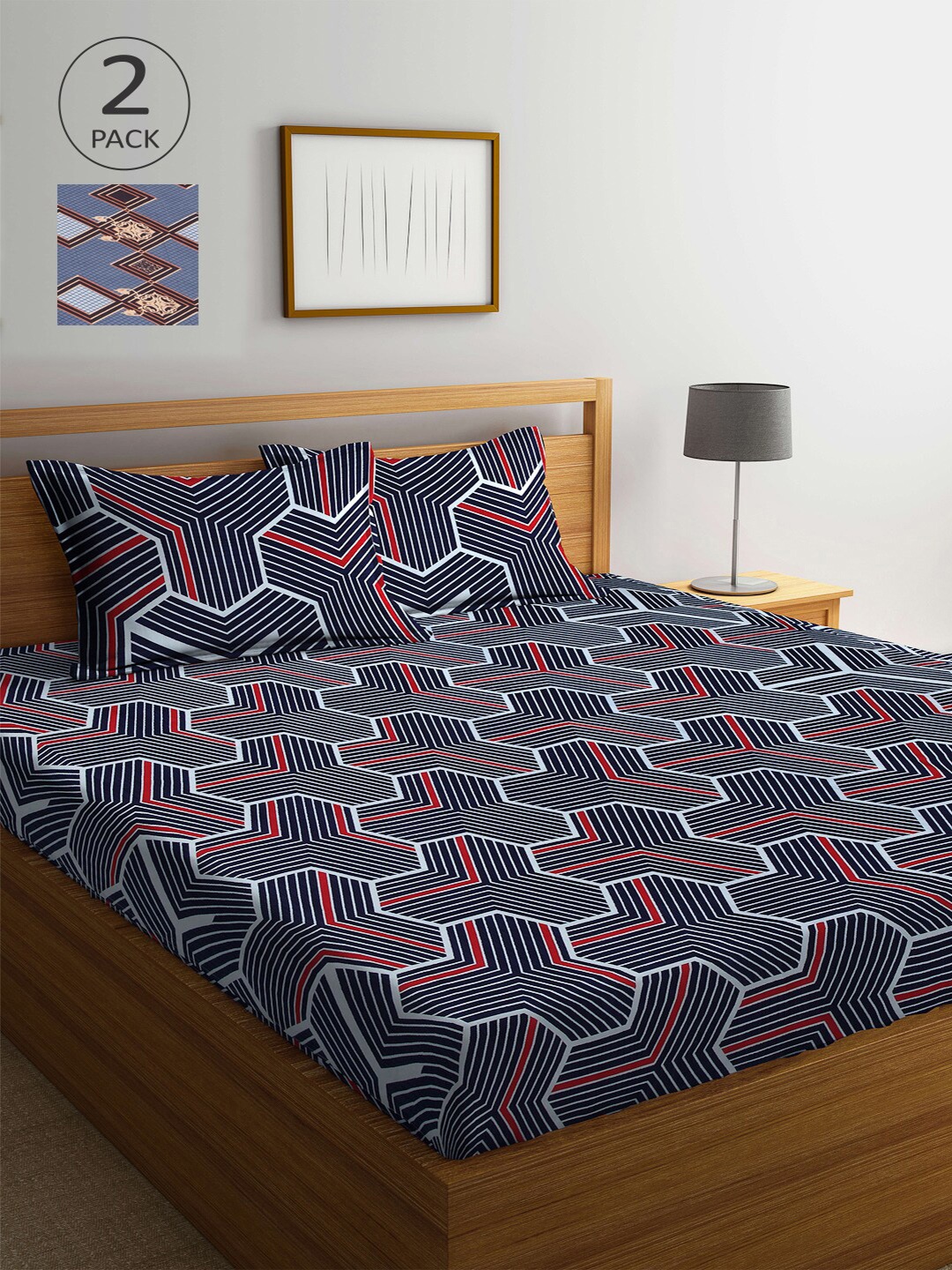 

Arrabi Set Of 2 Grey & Navy Blue Geometric 300 TC 2 King Bedsheet with 4 Pillow Covers