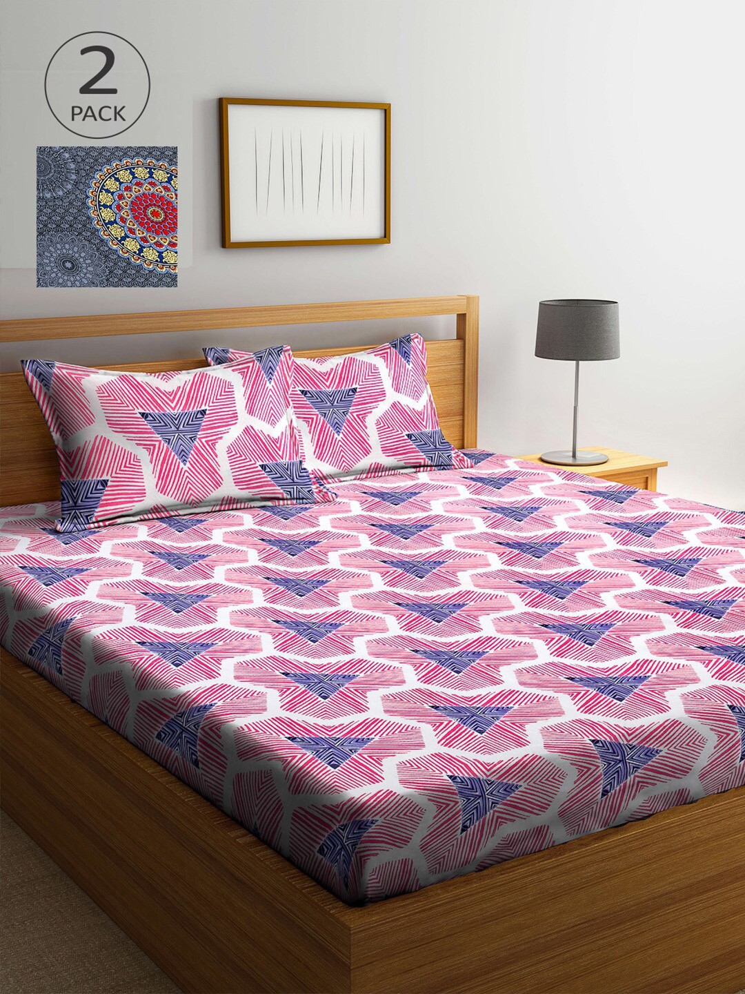 

Arrabi Pack Of 2 Pink & Teal Geometric 300 TC 2 King Bedsheet with 4 Pillow Covers