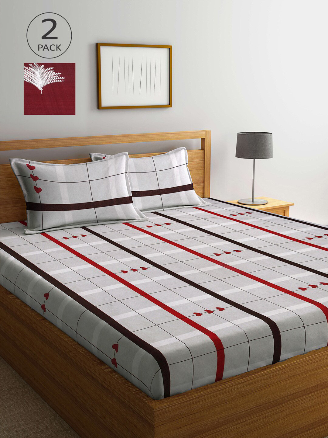 

Arrabi Red & Grey Printed 300 TC Set Of 2 King Bedsheet With Pillow Cover Set