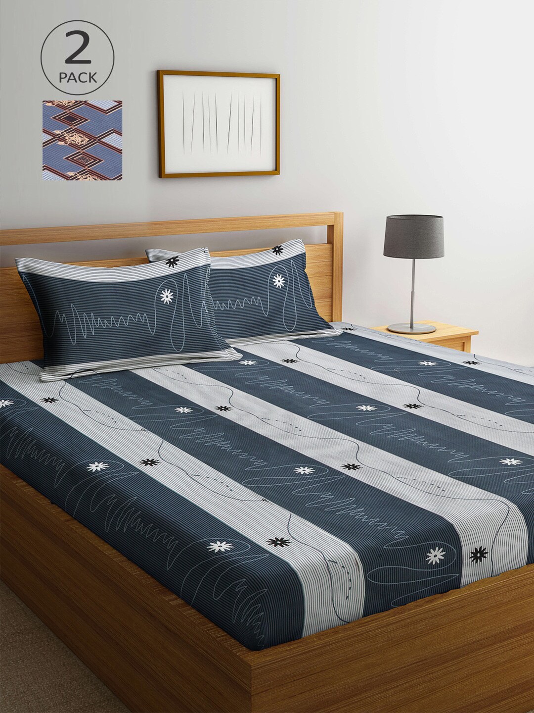 

Arrabi Grey & Brown Striped 300 TC 2 King Bedsheet with 4 Pillow Covers