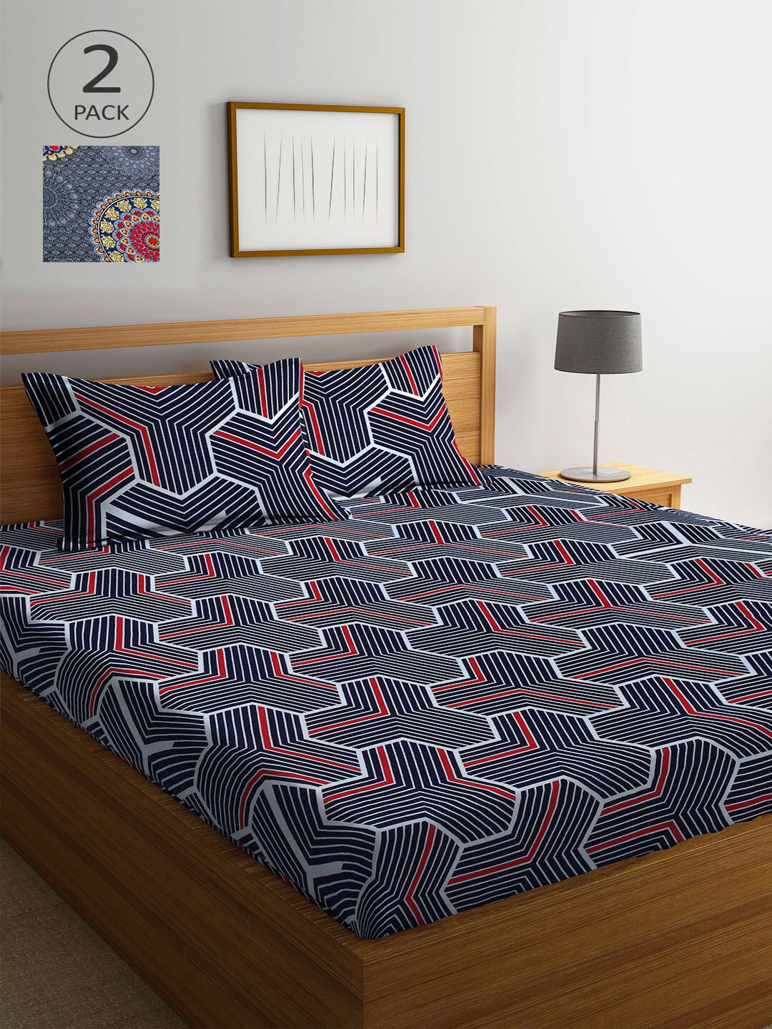 

Arrabi Grey & Navy Blue Geometric 300 TC 2 King Bedsheet with 4 Pillow Covers