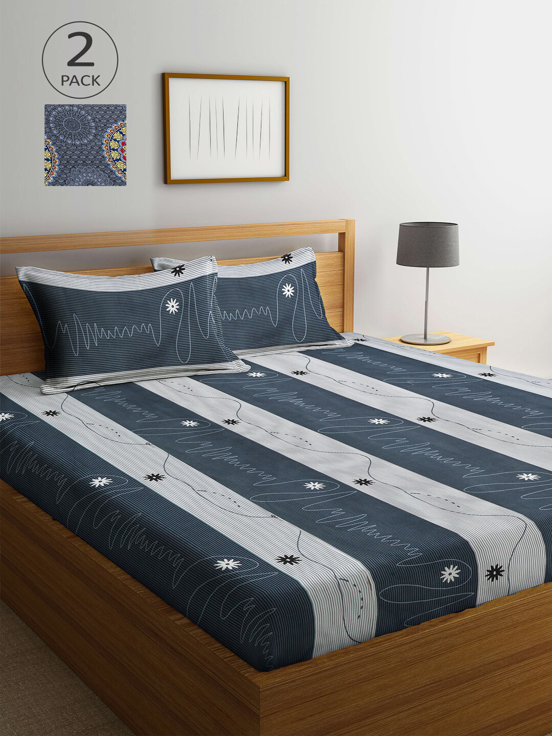 

Arrabi Grey & Red Striped 300 TC 2 King Bedsheet with 4 Pillow Covers
