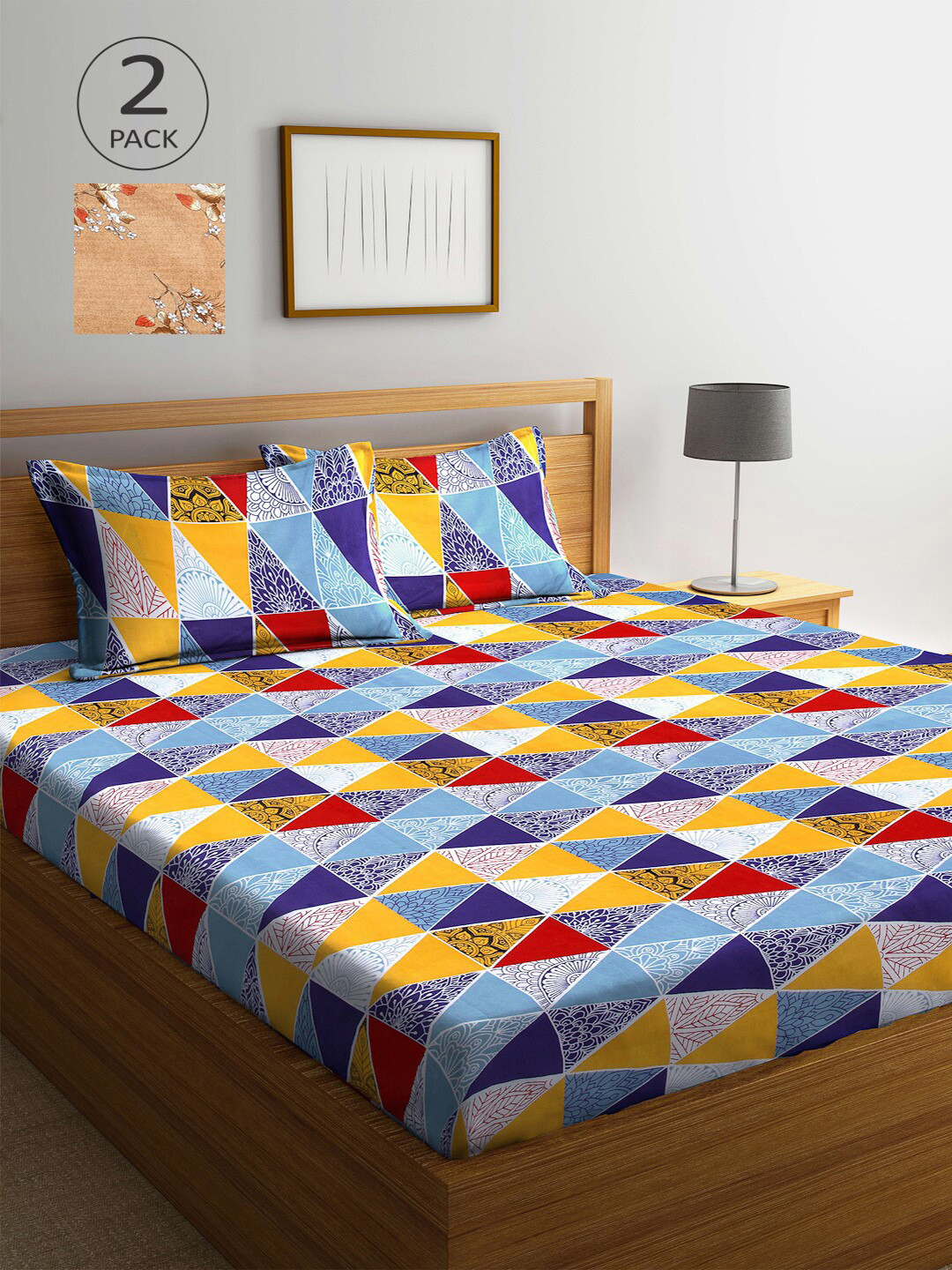 

Arrabi Beige & Blue Floral 300 TC 2 King Bedsheet with 4 Pillow Covers