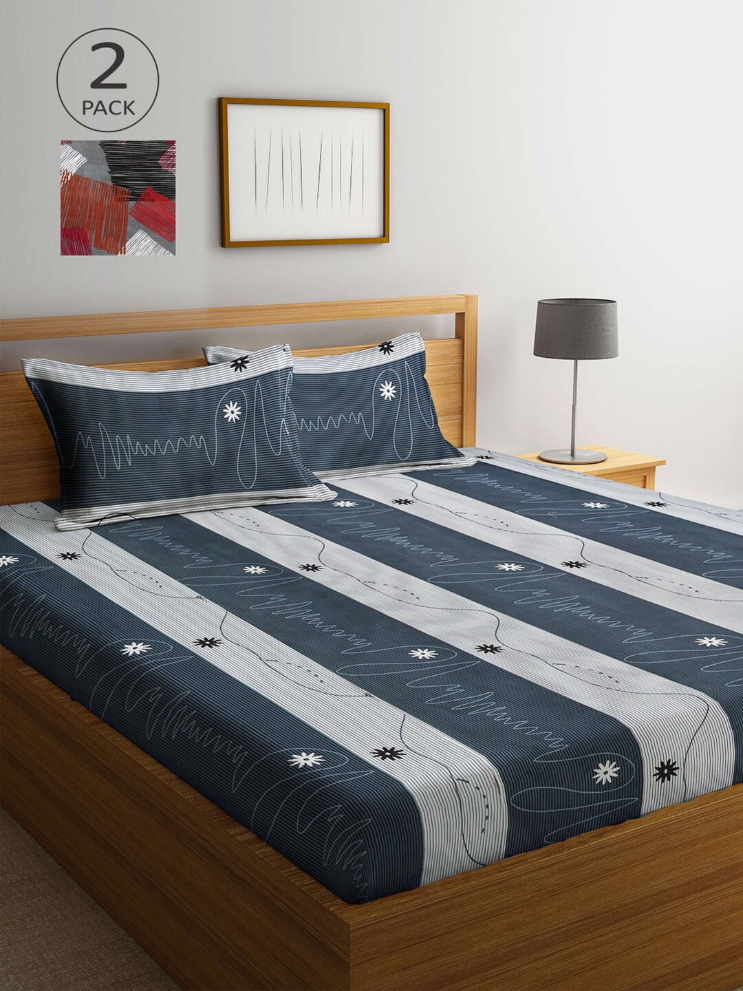 

Arrabi Grey & Red Striped 300 TC 2 King Bedsheet with 4 Pillow Covers