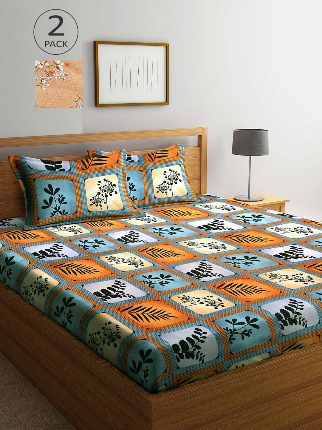 

Arrabi Peach-Coloured & Orange Pack of 2 Floral 300 TC King Bedsheet with 4 Pillow Covers