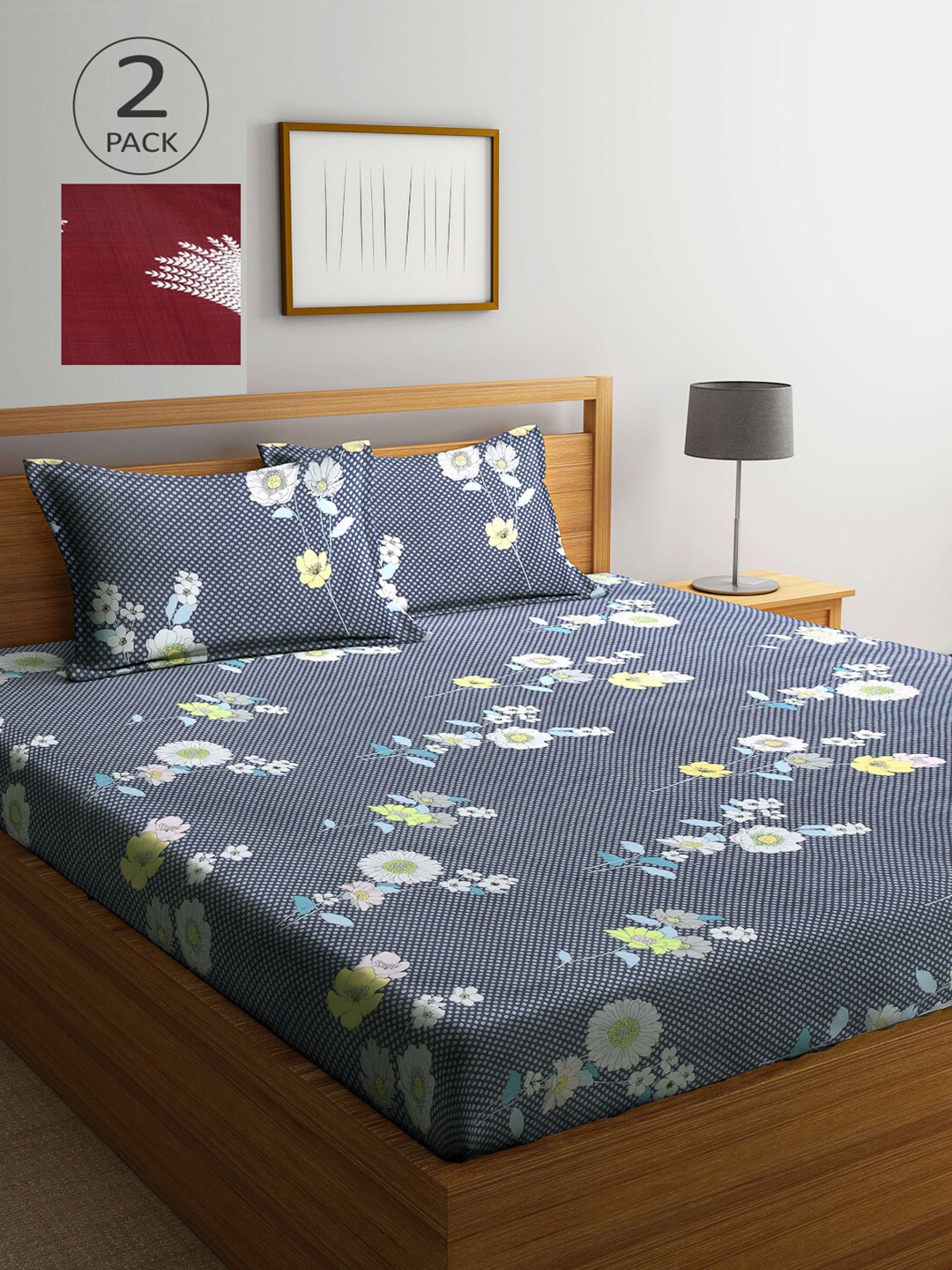 

Arrabi Maroon & Grey Floral 300 TC Pack of 2 King Bedsheet with 4 Pillow Covers