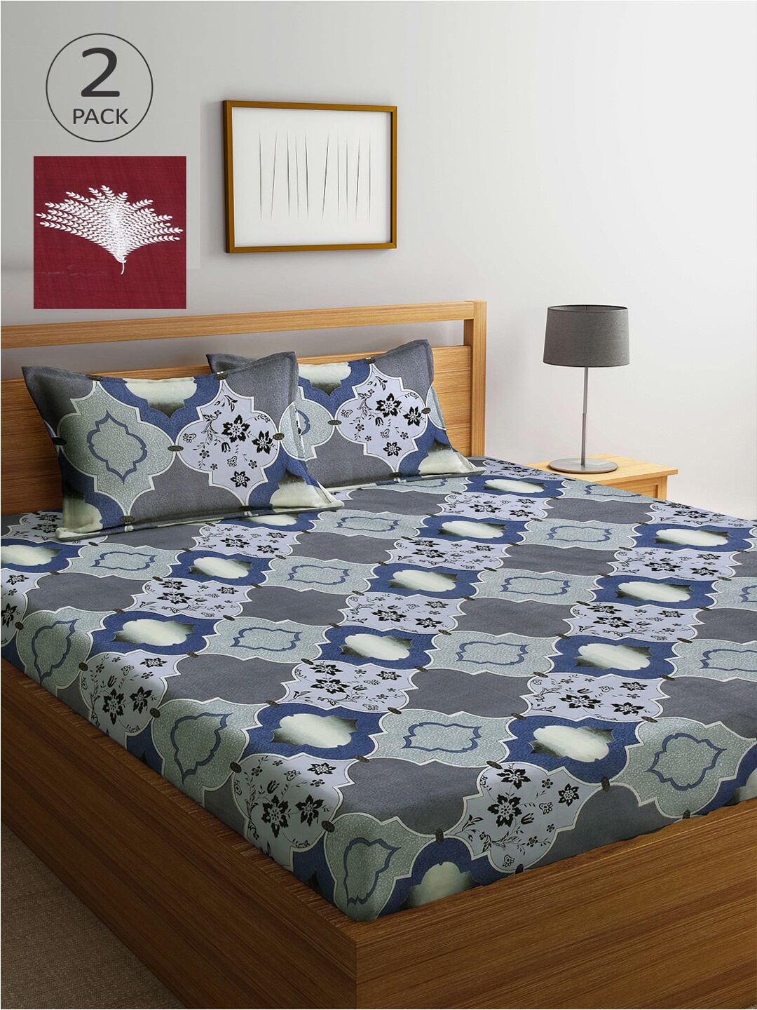 

Arrabi Set Of 2 Grey & Maroon Graphic 300 TC King Bedsheets With 4 Pillow Covers