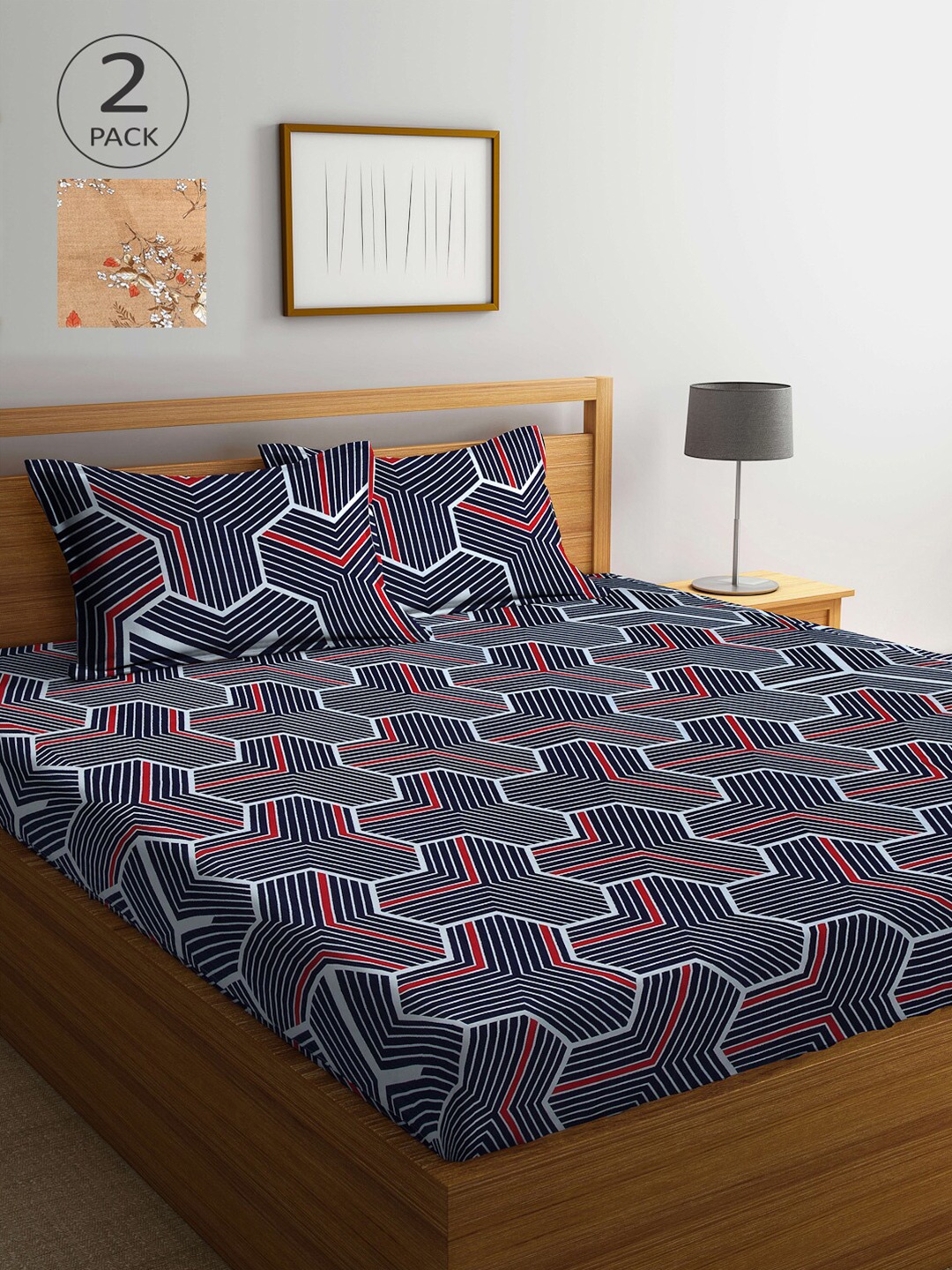 

Arrabi Navy Blue & Tan Geometric 300 TC 2 King Bedsheet with 4 Pillow Covers