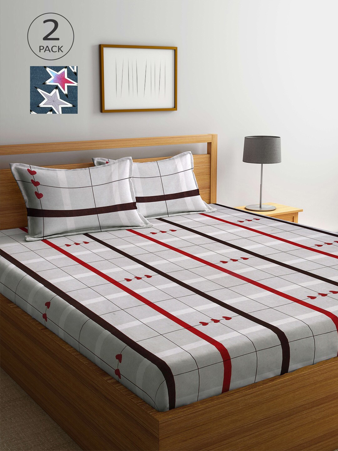 

Arrabi Grey & Blue Striped 300 TC Set Of 2 King Bedsheet with 4 Pillow Covers