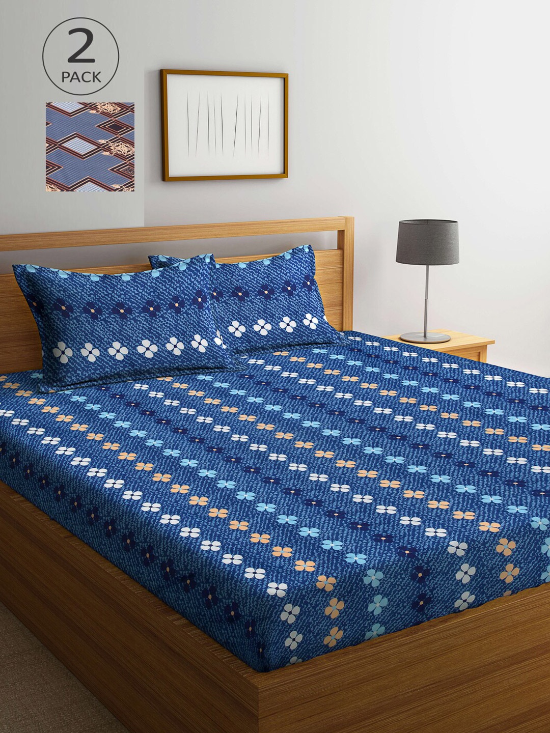 

Arrabi Blue & Beige Floral 300 TC 2 King Bedsheet with 4 Pillow Covers