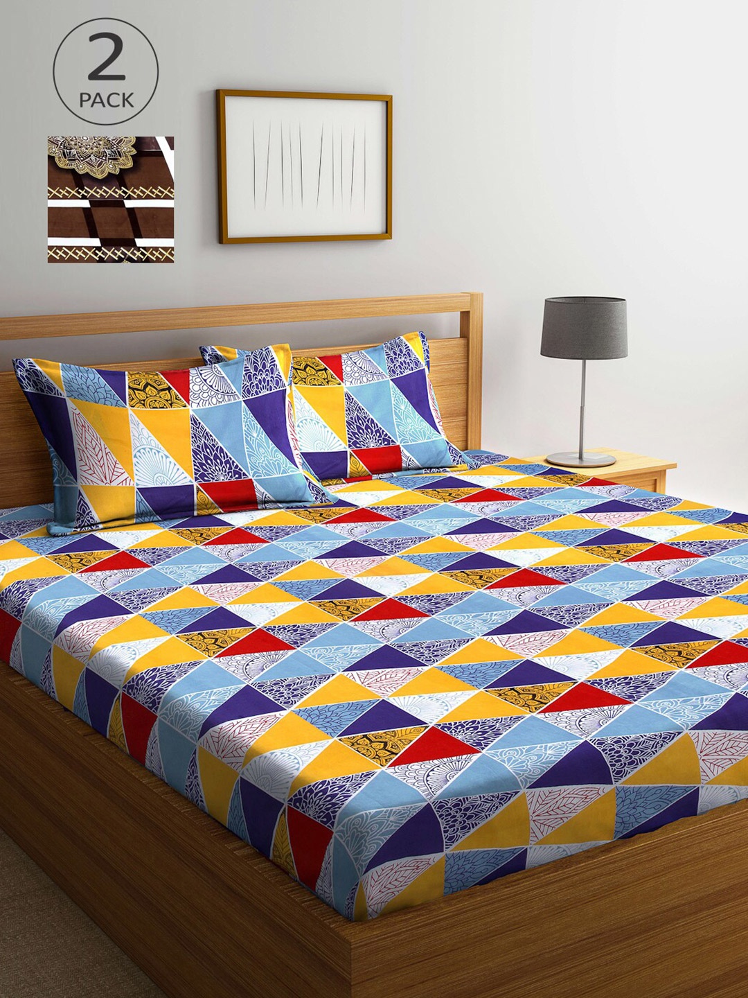 

Arrabi Blue & Yellow Geometric 300 TC 2 King Bedsheet with 4 Pillow Covers