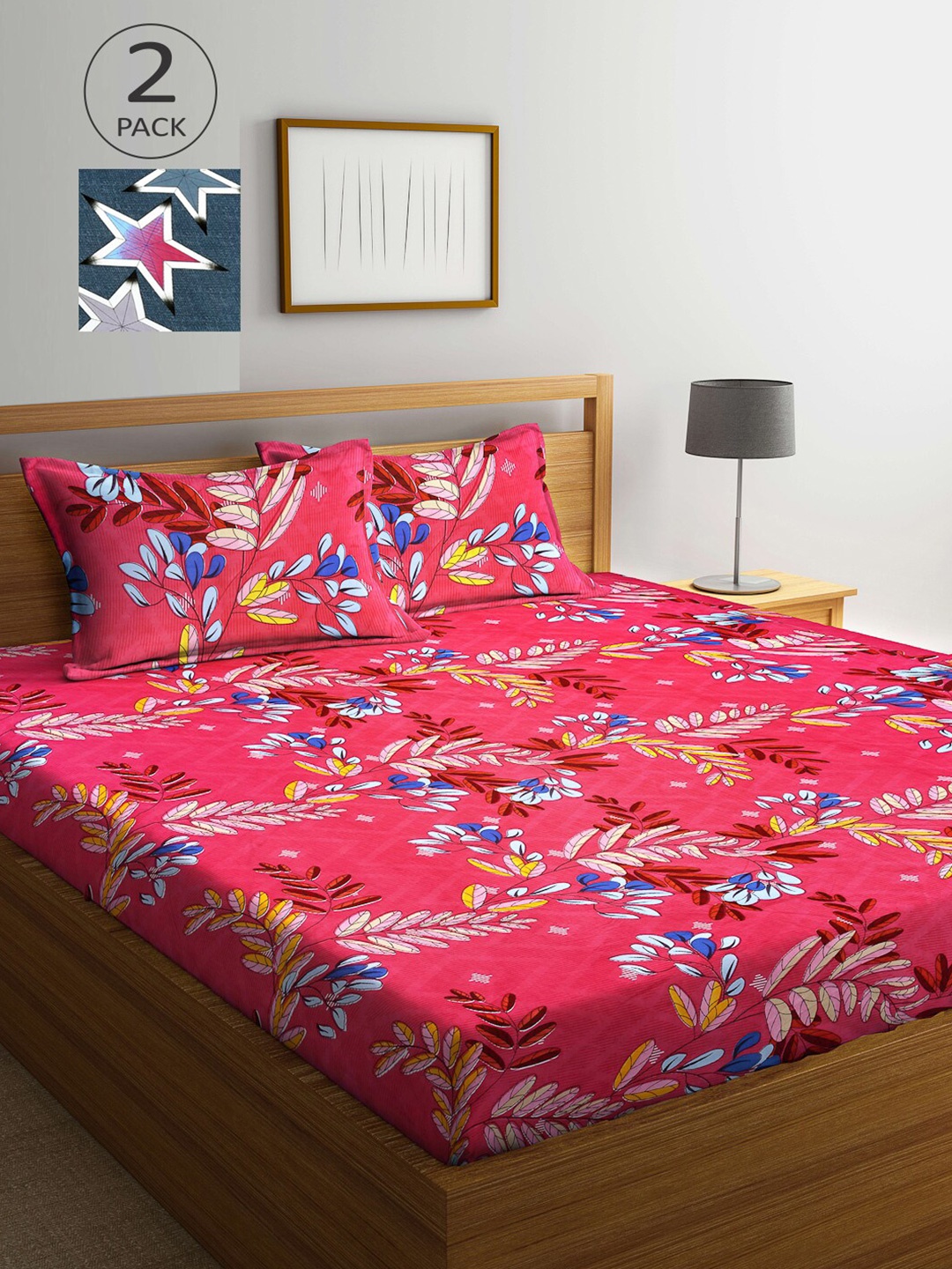 

Arrabi Pack Of 2 Red & Blue Floral 300 TC 2 King Bedsheet with 4 Pillow Covers