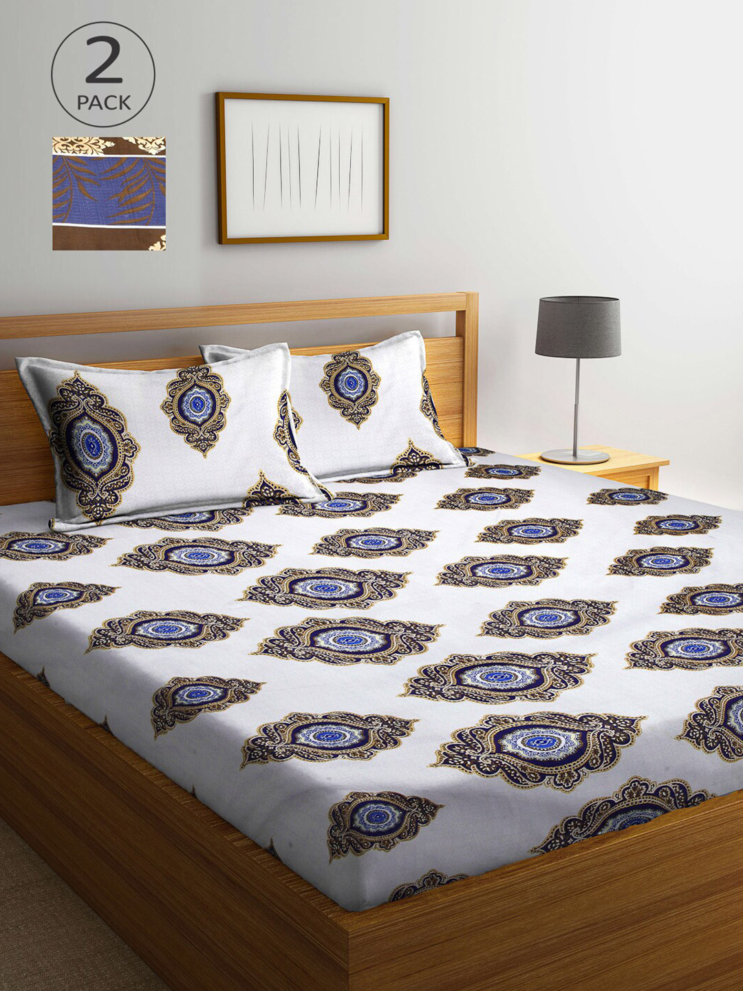 

Arrabi Set Of 2 White & Blue Ethnic Motifs 300 TC King Bedsheets With 4 Pillow Covers