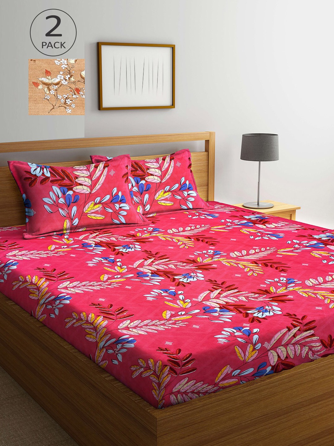 

Arrabi Tan & Pink Floral 300 TC Set Of 2 King Bedsheet with 4 Pillow Covers